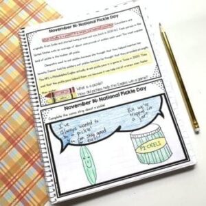Morning work example page showing national pickle day passage and sample illustration on bottom of page