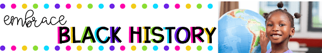 Embrace Black History text with a picture of a black female student pointing to a globe in a classroom.