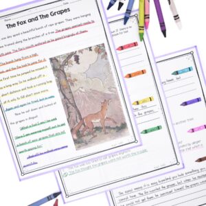 The Fox and the Grapes Fable with an illustration of a fox and RI.2.2 based questions about the passage