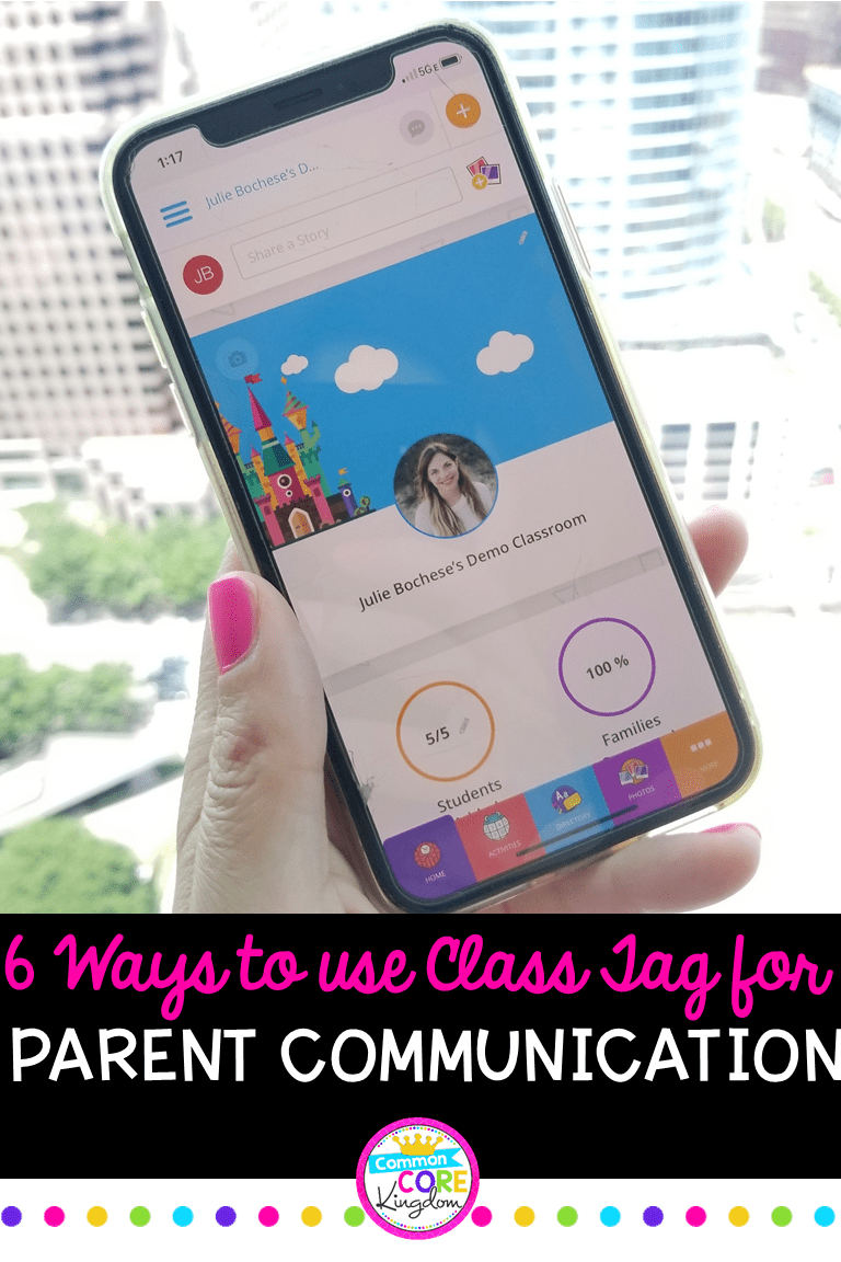 Cell phone showing ClassTag parent teacher communication app on screen