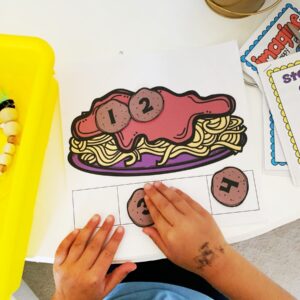 Student using a breathing and counting mat by placing numbered meatballs on an image of a plate of spaghetti 