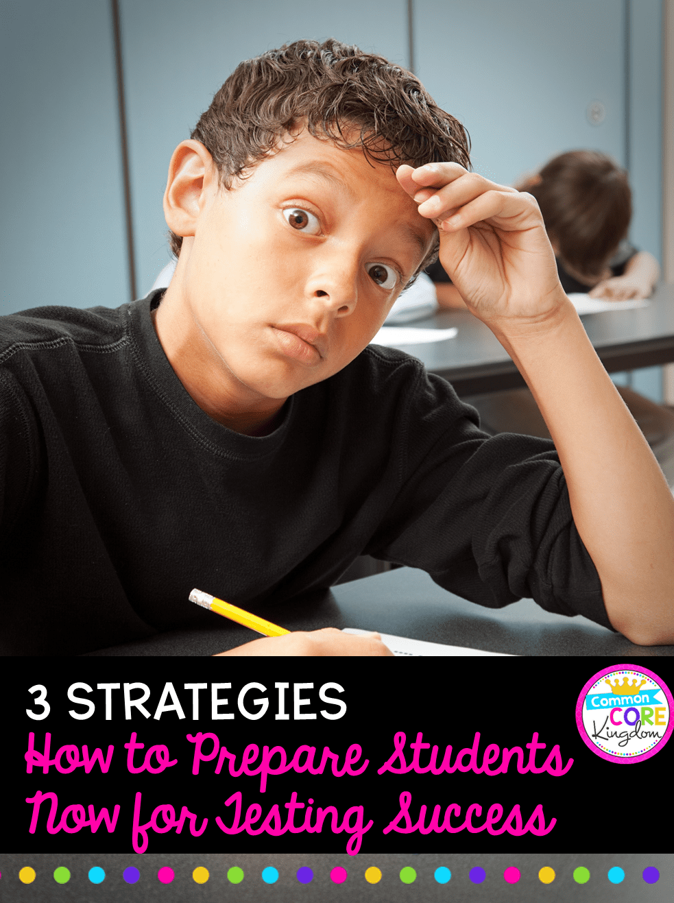 Student looking at camera with standardized test in front of him.
