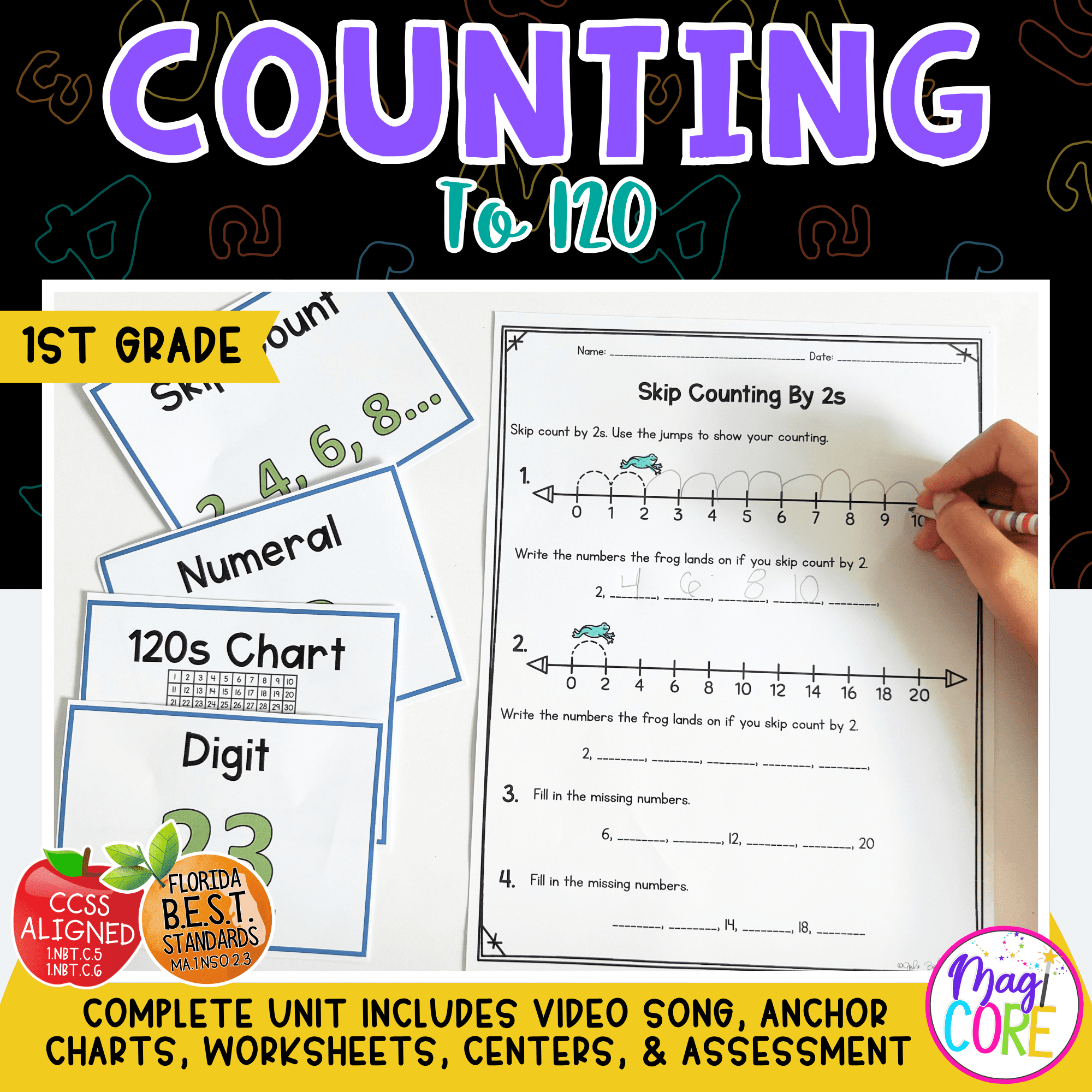 Counting to 120 Missing Numbers Hundreds Chart Worksheets 1st Grade 1.NBT.A.1