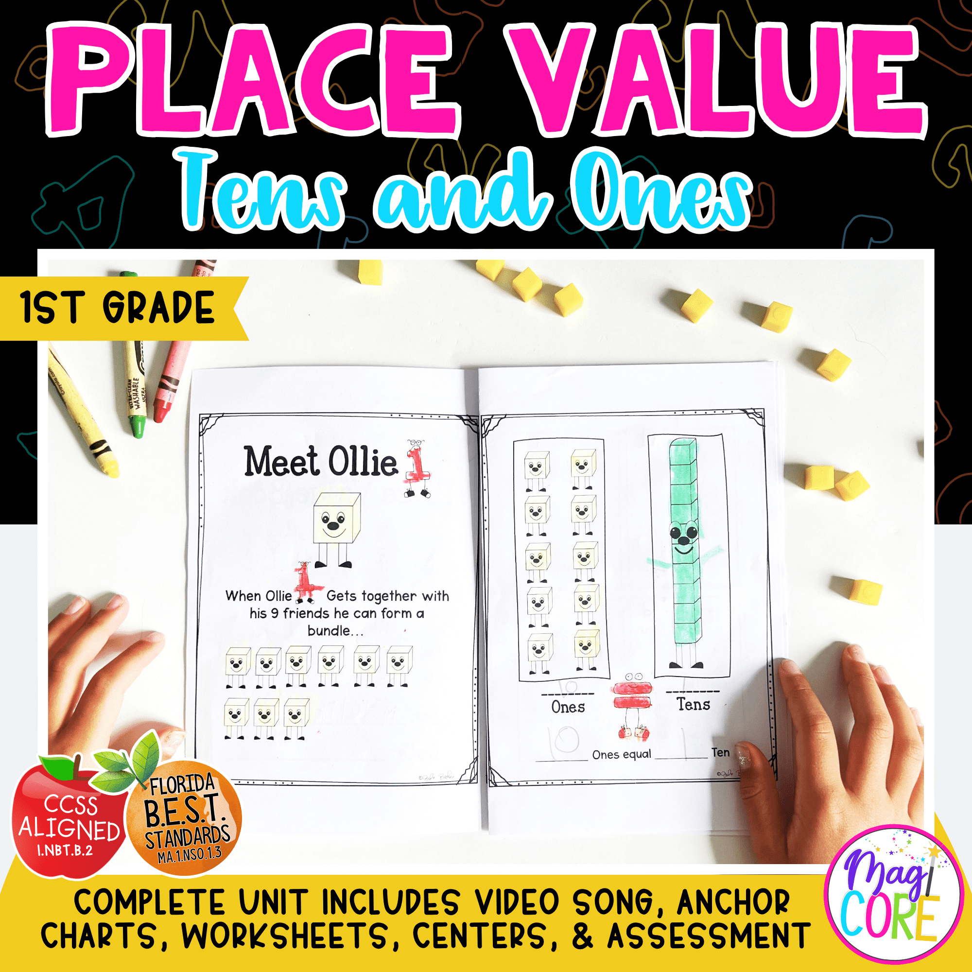 Place Value Tens and Ones 1st Grade Worksheets, Activities, Anchor Chart, Center