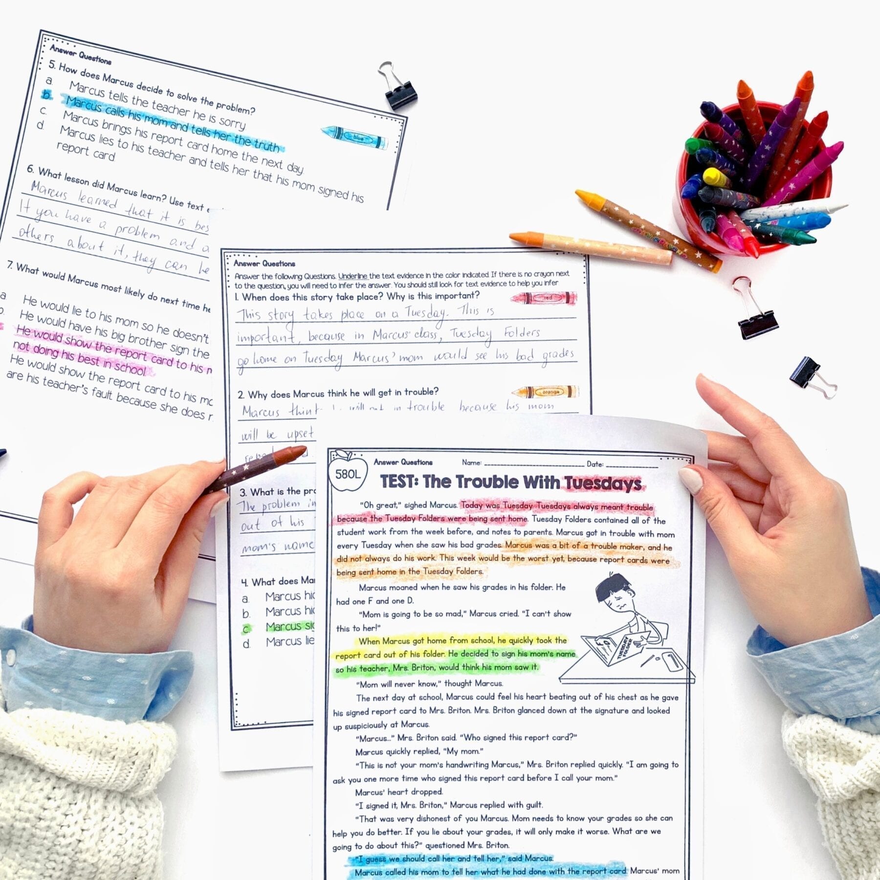 Close reading passage test and questions on a fictional story title The Trouble with Tuesdays with crayons and binder clips around pages