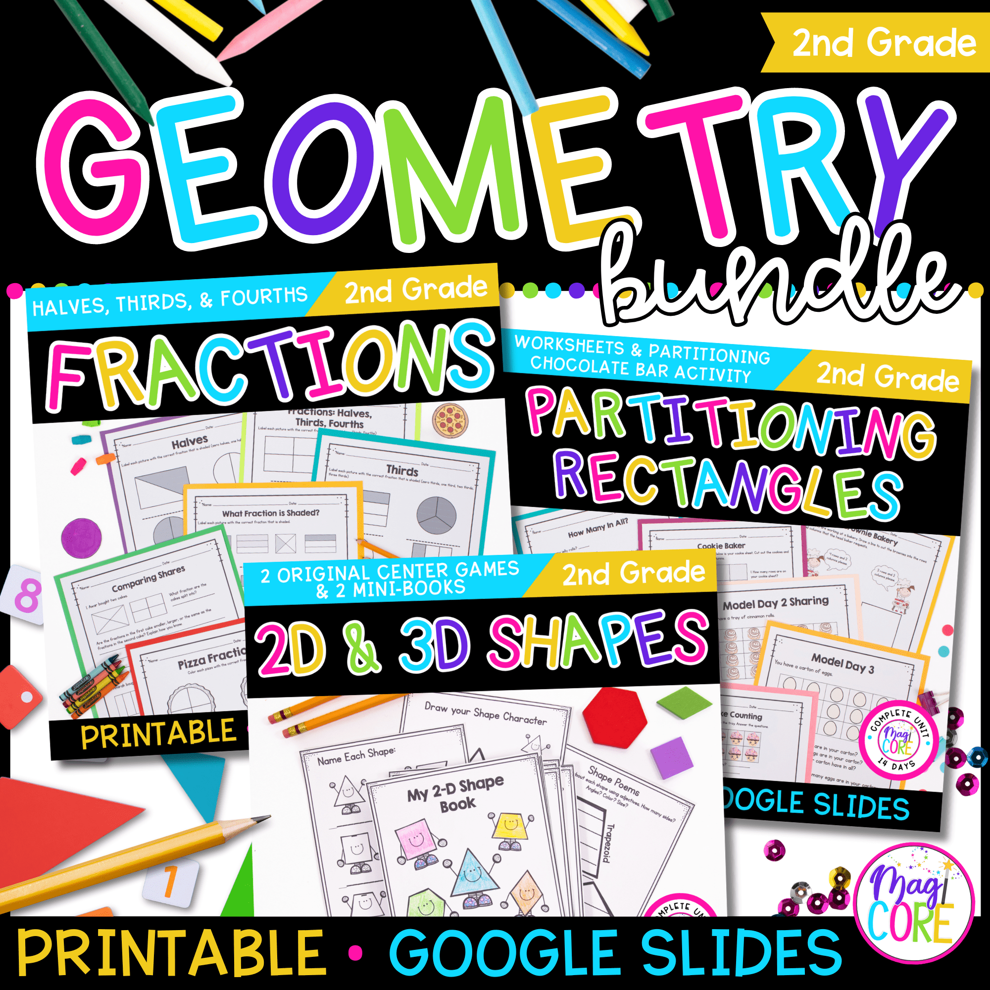 Geometry and Fractions Bundle - 2nd Grade Math Worksheets Lessons Activities