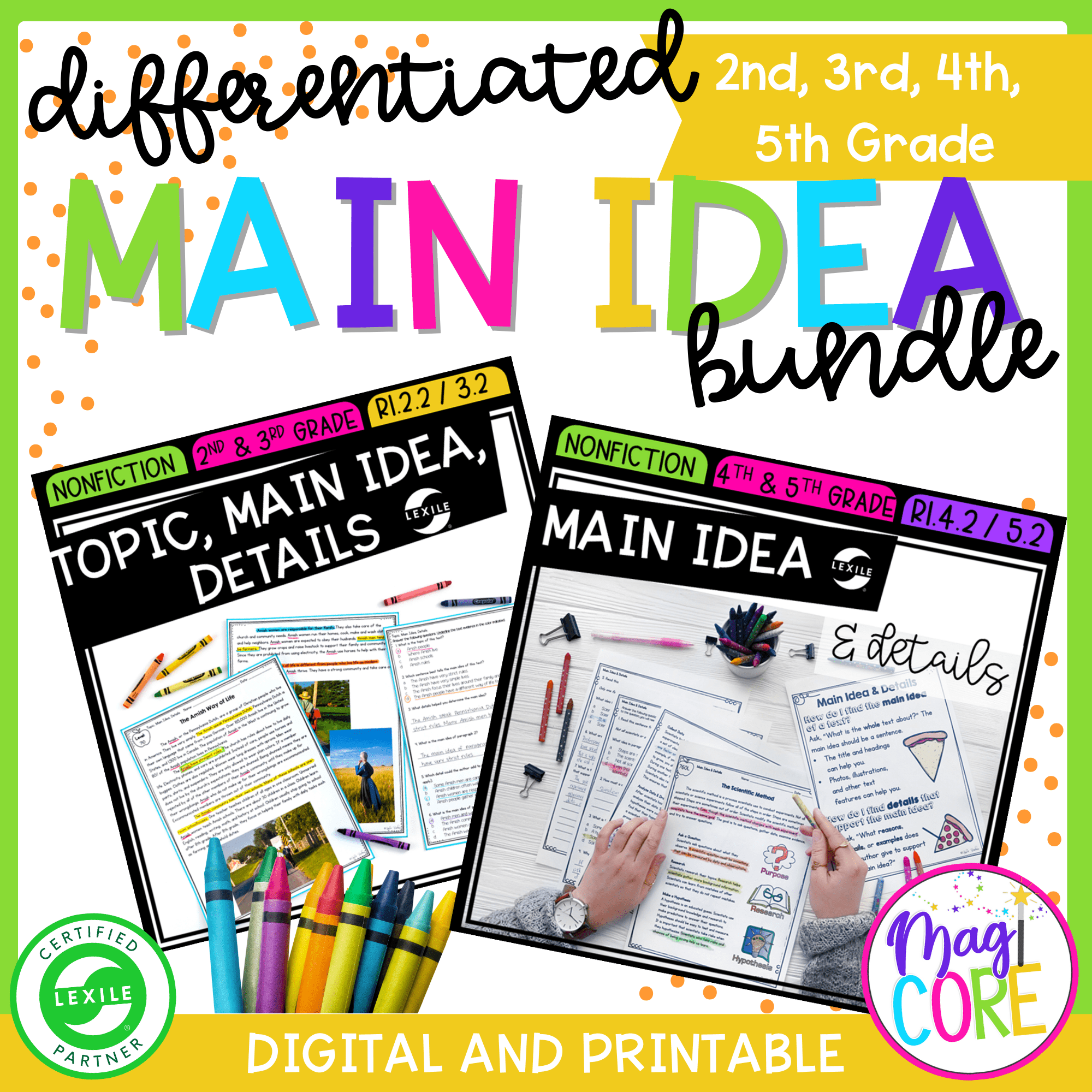 Main Idea Differentiated Leveled Reading Comprehension Passages and Questions