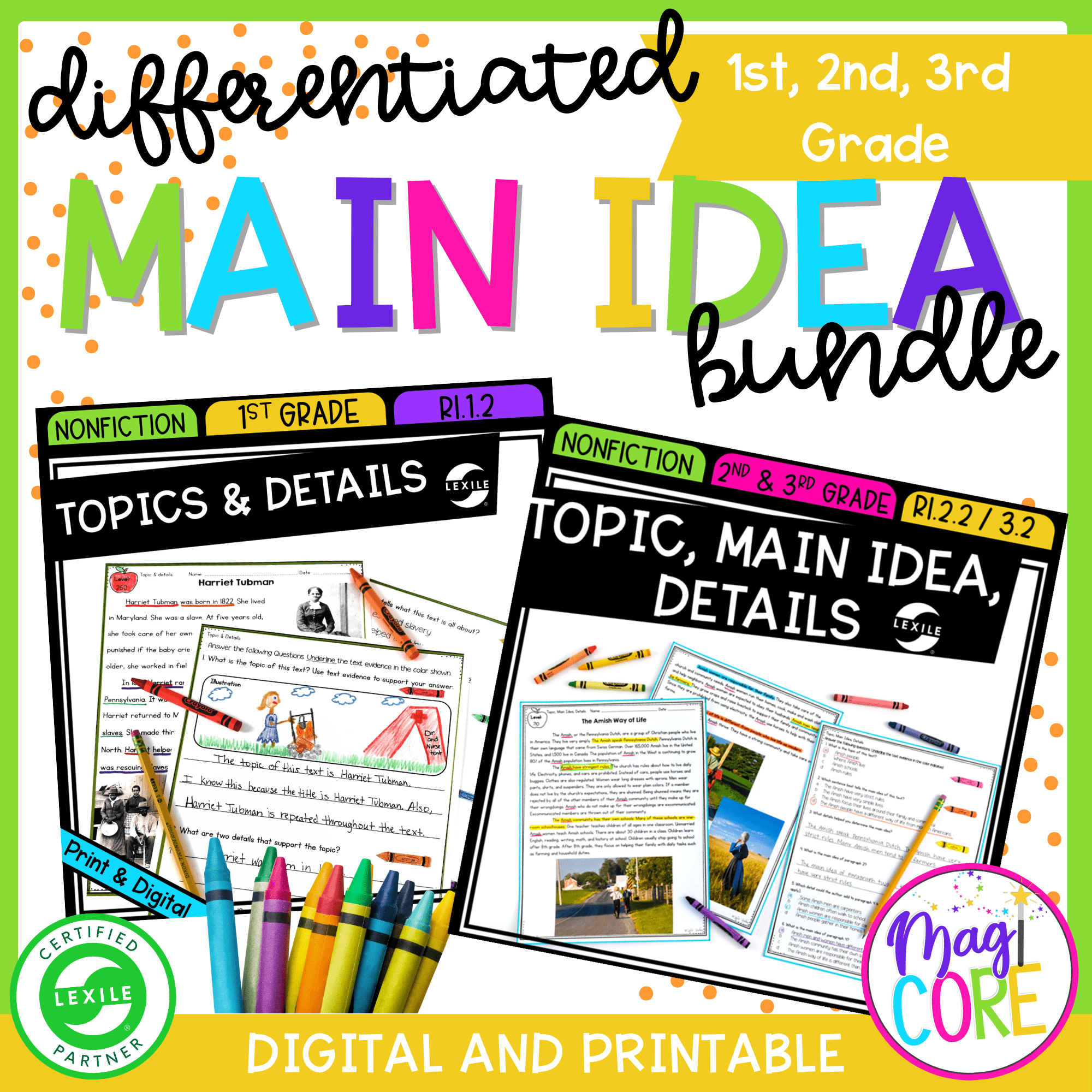 Main Idea Details Reading Comprehension Differentiated Bundle Passages Worksheet