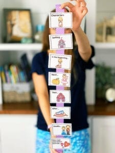 Woman holding a retell rope containing steps in a story to help kids recount, retell, and summarize the story.