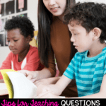 Tips for Teaching Questions in Nonfiction pin showing teacher with two students