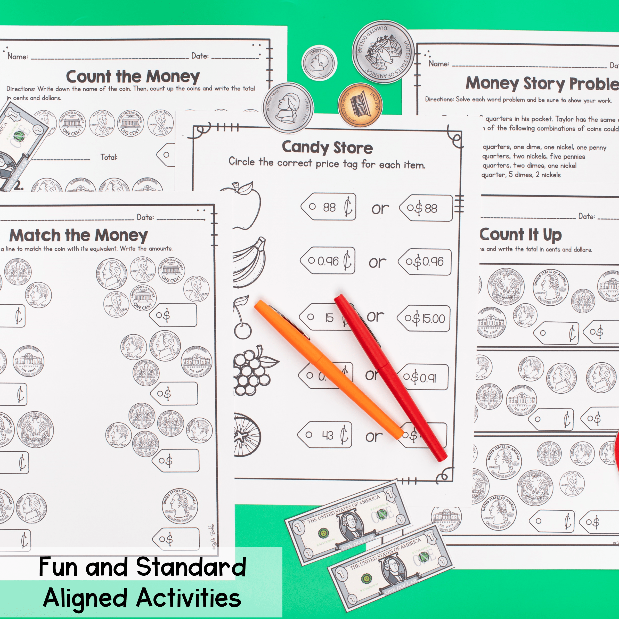 Counting Money & Word Problems 2nd Grade Math Worksheets Activities Add 2.MD.C.8 - Image 3