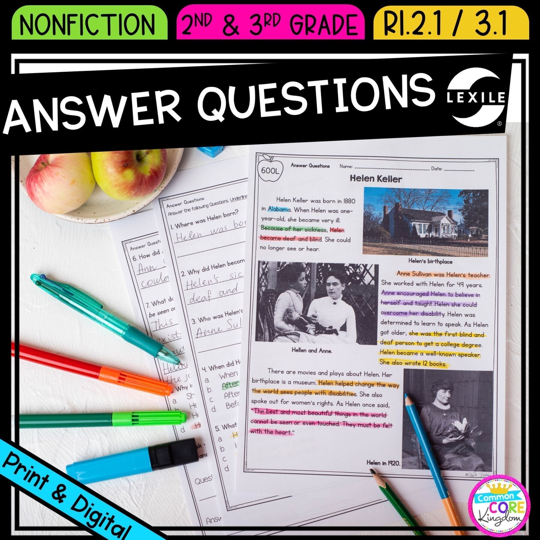 Ask & Answer Questions for 2nd & 3rd grade cover showing printable and digital worksheets