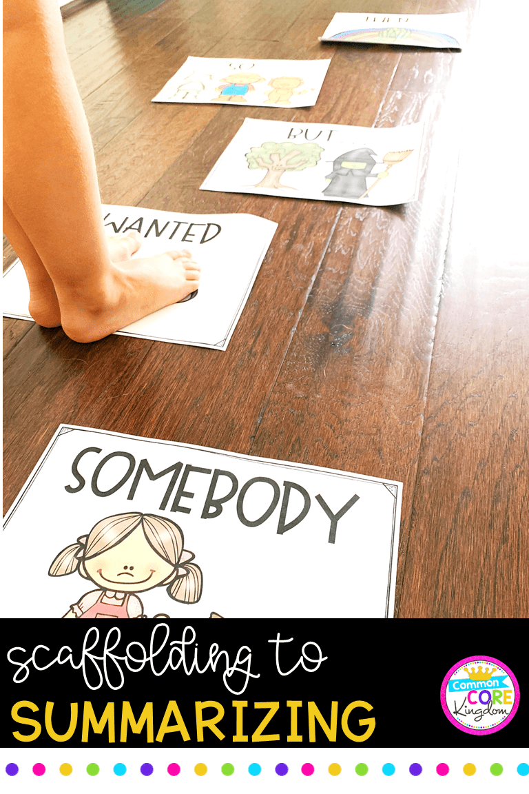 Various pieces of paper on a wood floor listing steps for retelling and recounting with text on bottom saying Scaffolding to Summarizing