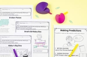 Four predicting passages with two fortune cookie activities against a yellow background.