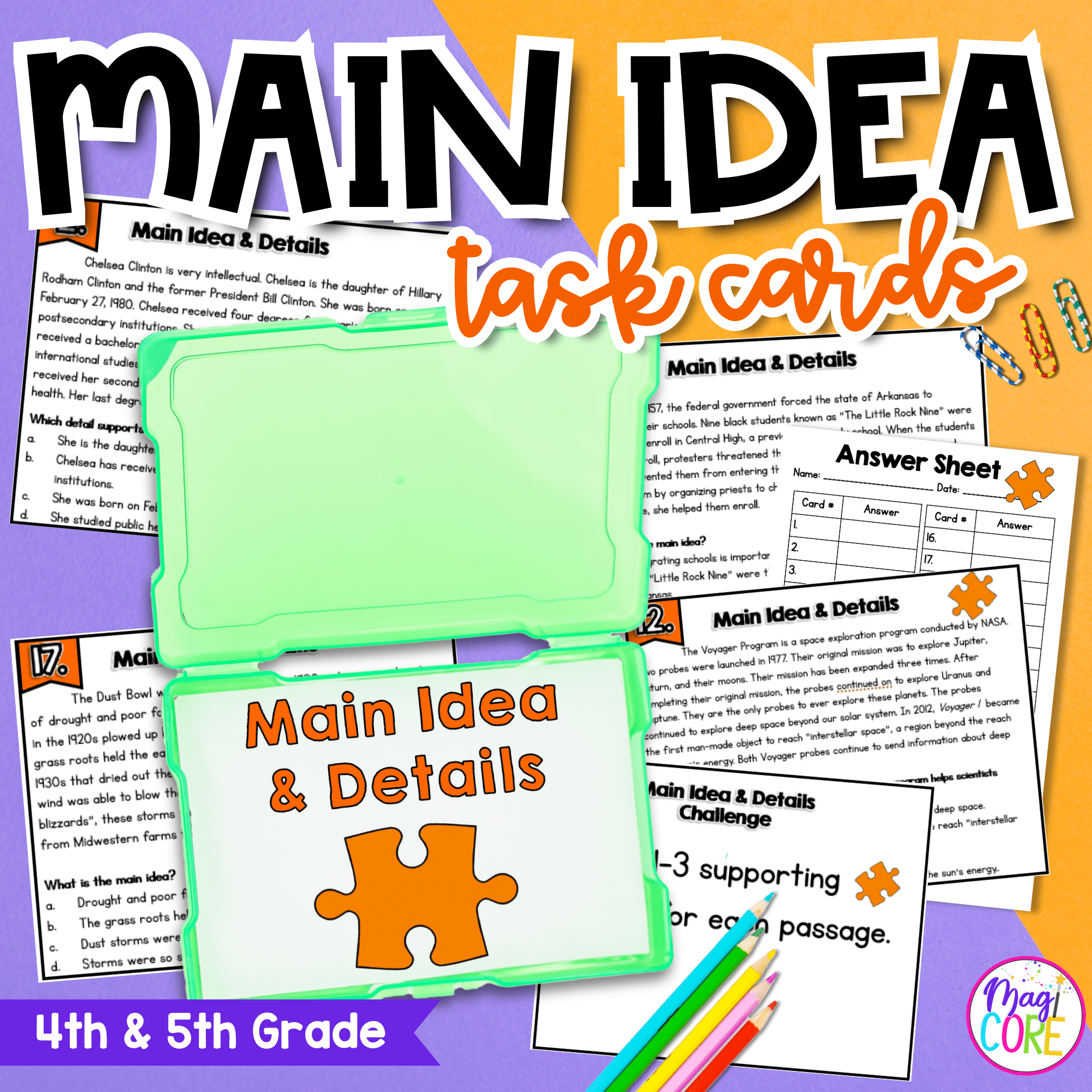 Main Idea and Key Details Task Cards 4th 5th Grade Center Activity RI.4.2 RI.5.2
