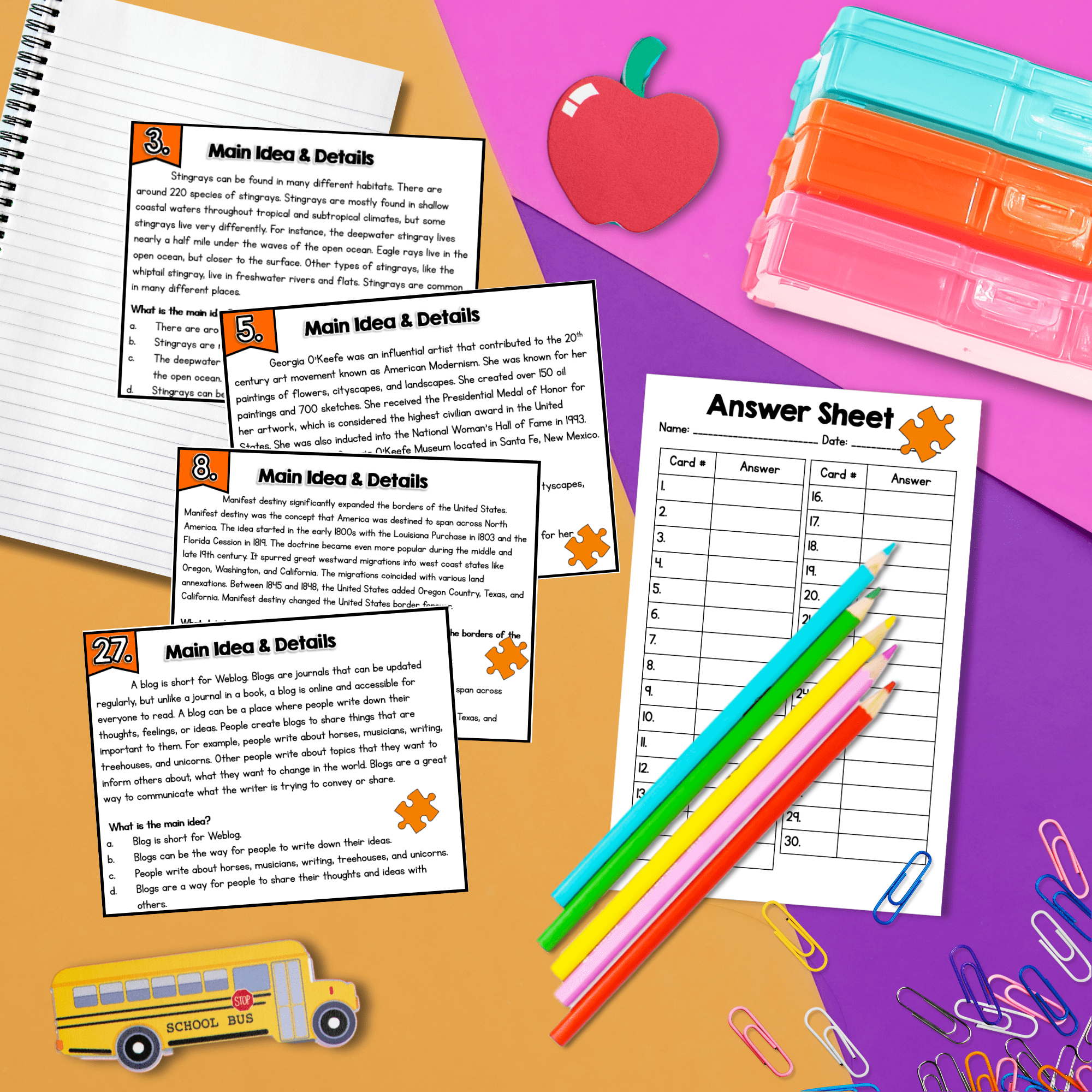 Main Idea and Key Details Task Cards 4th 5th Grade Center Activity RI.4.2 RI.5.2 - Image 3