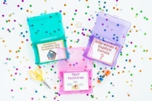 Purple, pink, and light blue picture boxes with reading task cards for text features, inferences, and characters inside each of the three boxes.