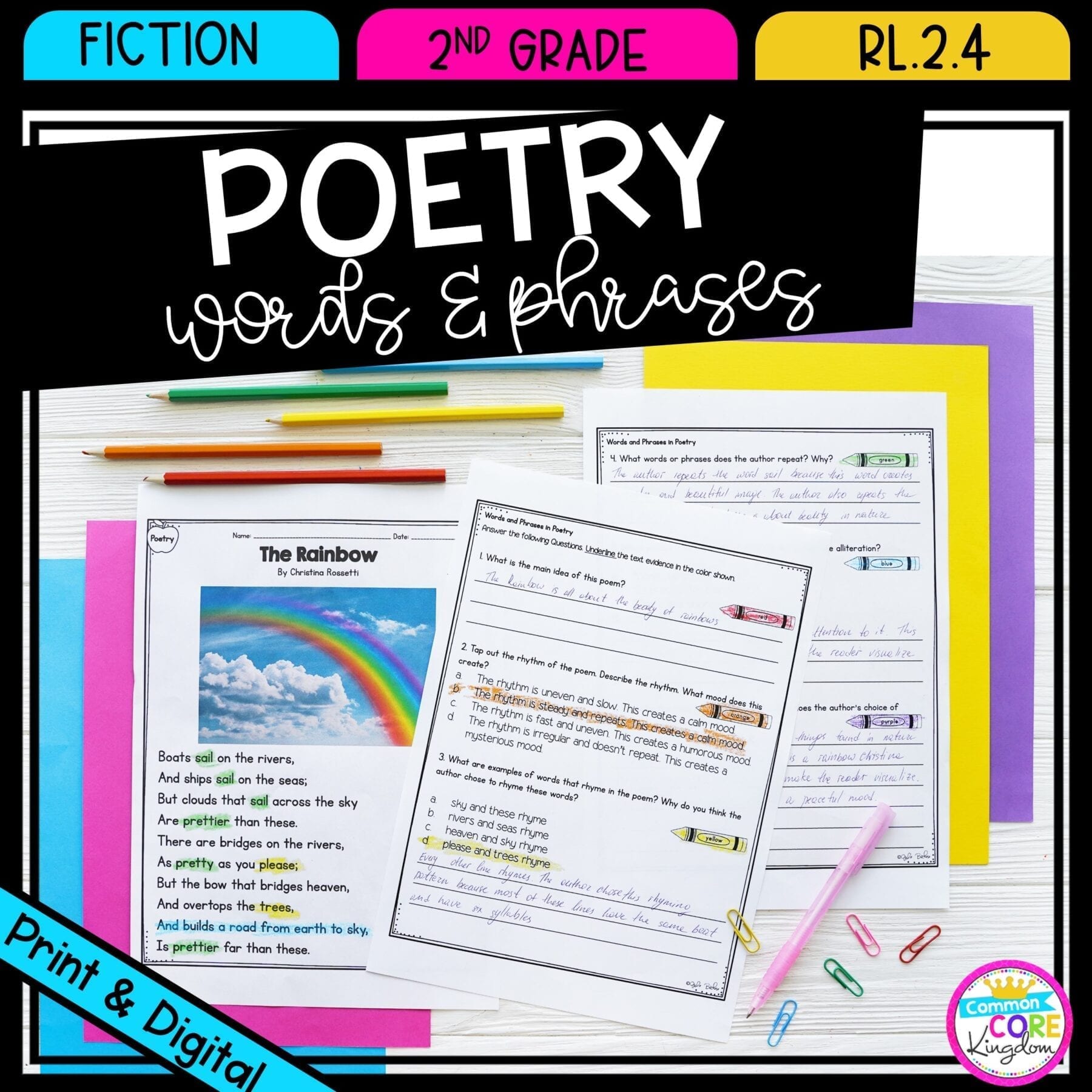 Words and phrases in poetry for 2nd grade cover showing printable and digital worksheets
