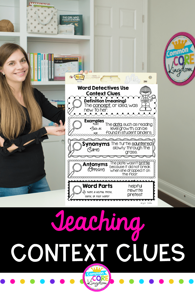 Teaching Context Clues Pin showing Context Clues Anchor Chart and Julie Bochese standing next to it.