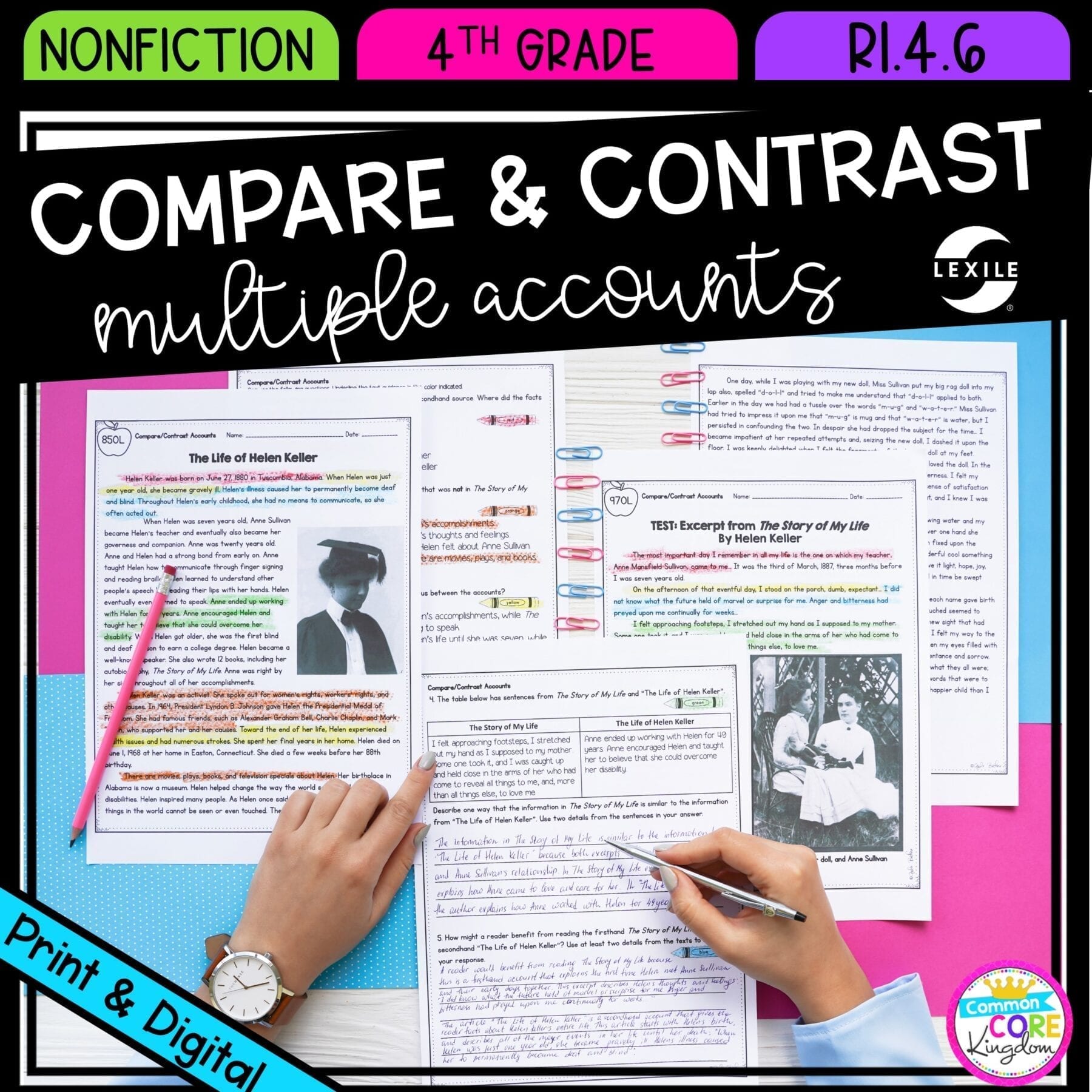 Compare and Contrast Accounts for 4th grade cover showing printable and digital worksheets