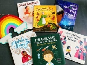 Image showing six lower elementary books with women's history themes that the author uses to teach women's history month.