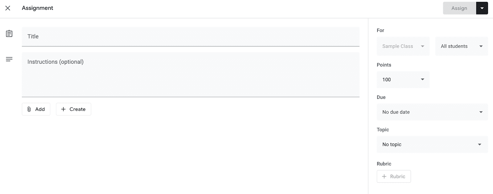 Screen shot of assignment menu in Google Classroom that teachers use to give work to students