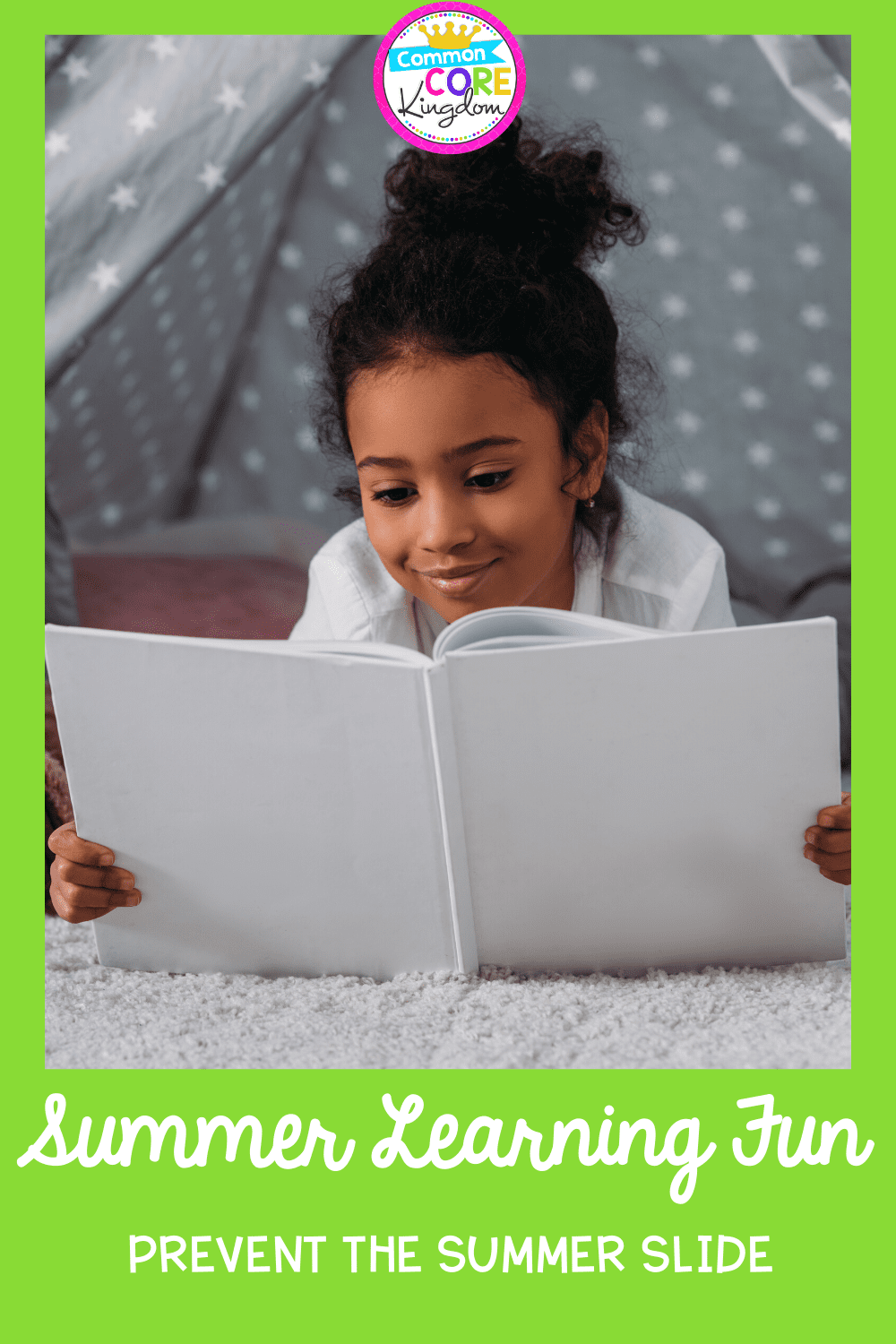 Girl reading a book with a white cover during summer time in order to prevent the summer slide