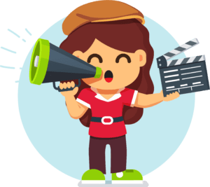 Girl acting out book scene holding a clapper and a megaphone
