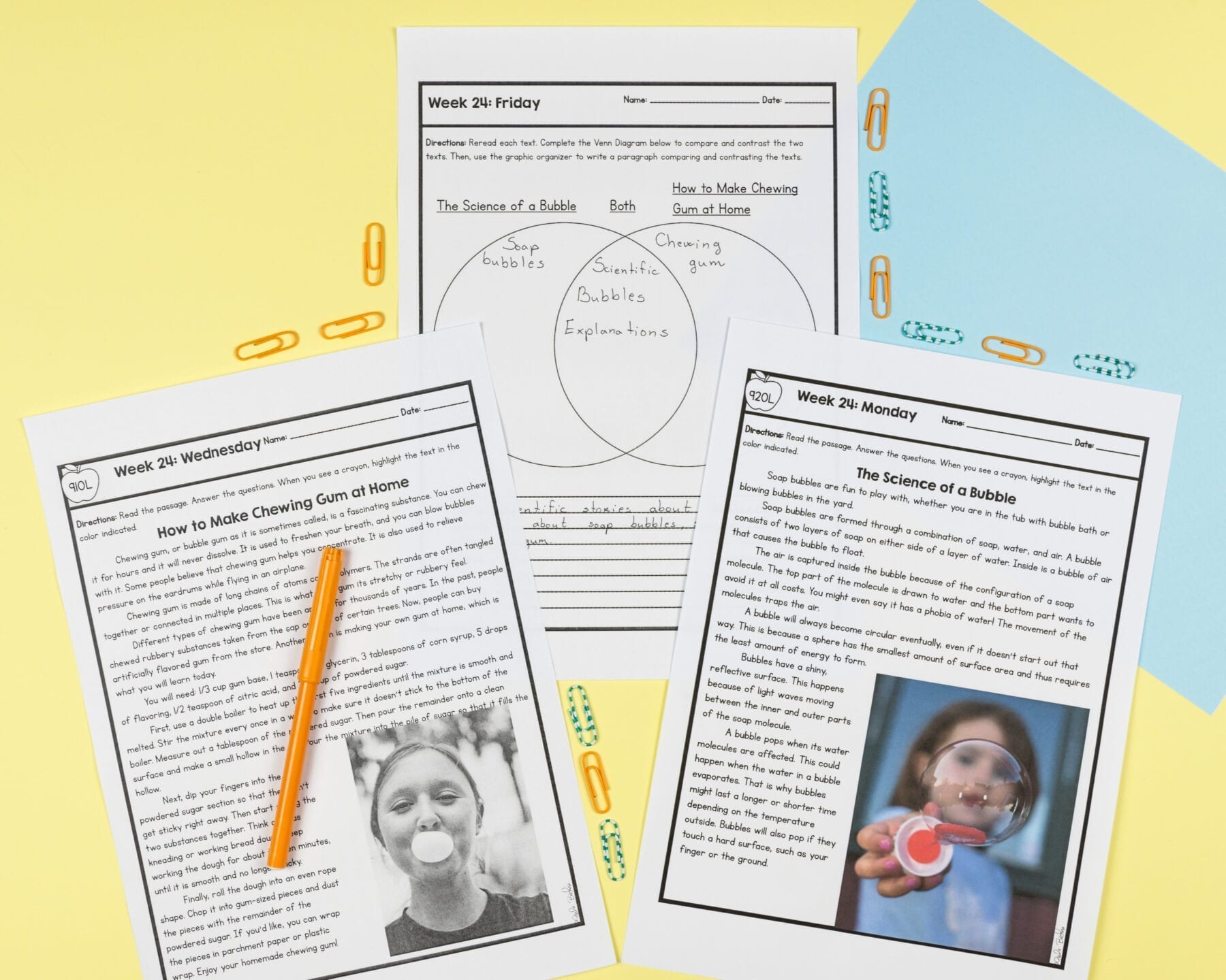 2 passages from 4th grade spiral review 3rd quarter with a venn diagram page comparing the two passages