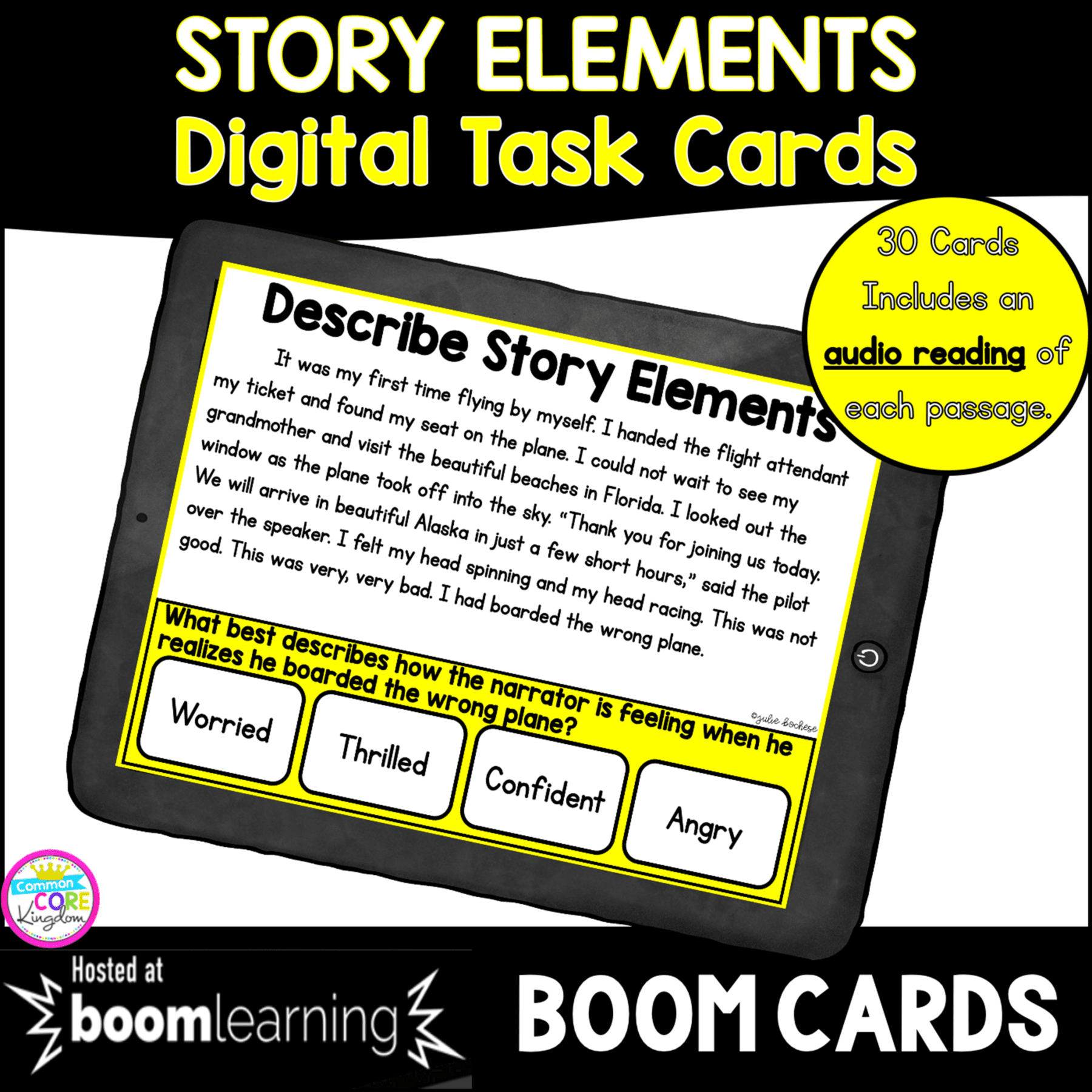 Cover of Story Elements boom cards for 4th and 5th grade showing an image of a digital task card on a tablet with text