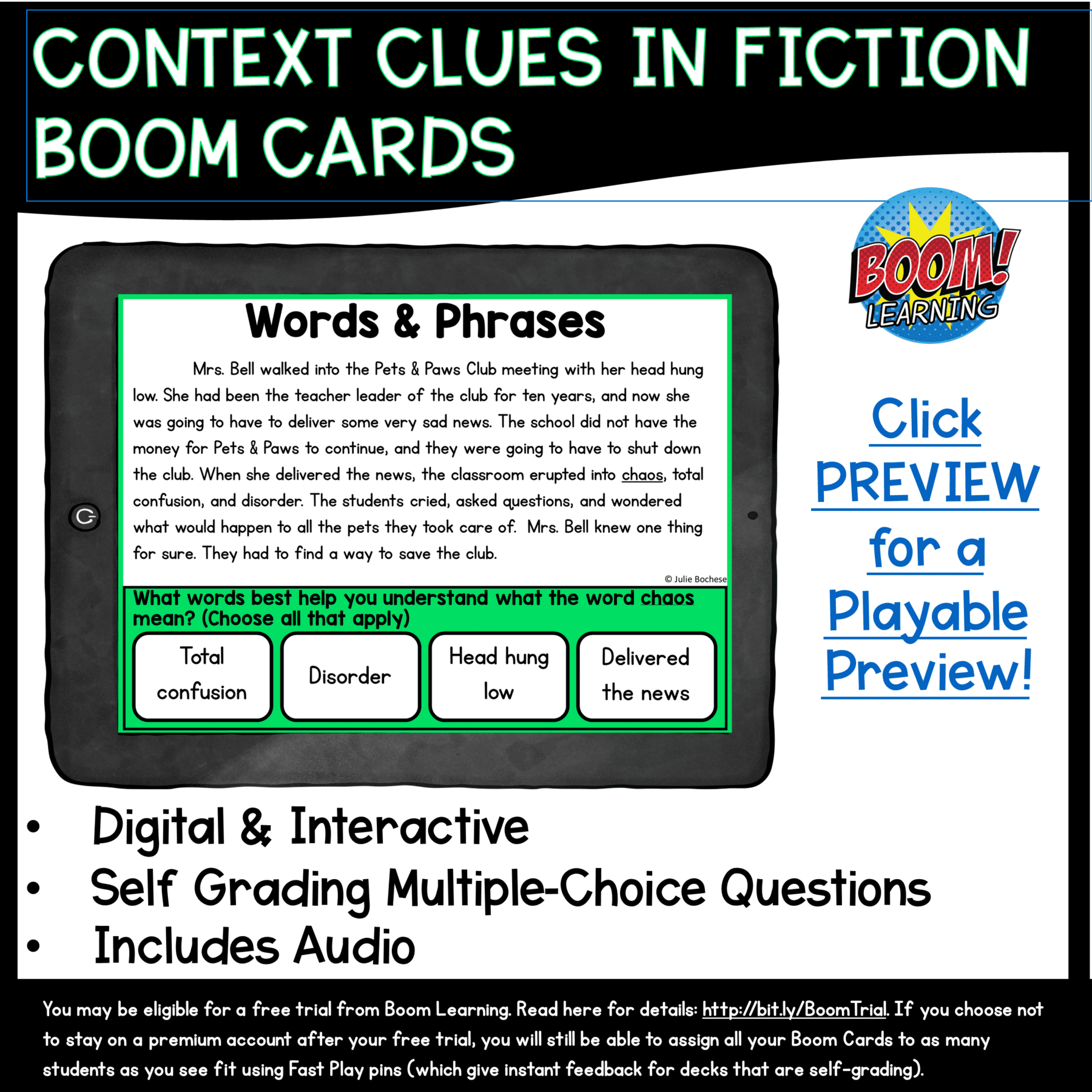 Context Clues Fiction Boom Cards™ 4th & 5th Grade - Digital Task Cards - Image 3