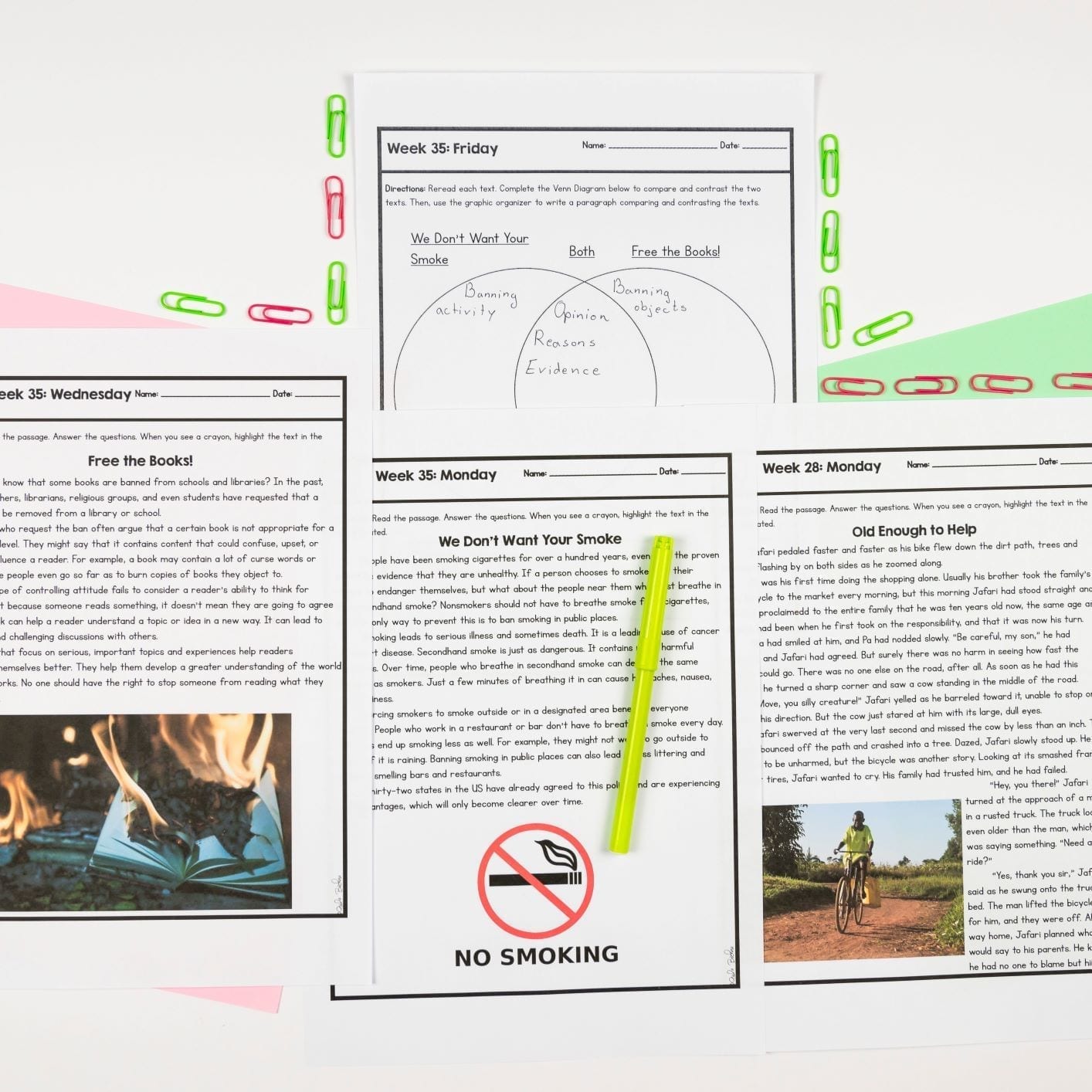 3 passages from 4th grade reading spiral review 4th quarter and 1 venn diagram page