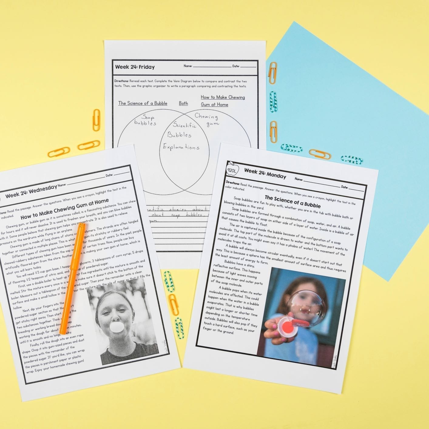 2 passages from 4th grade spiral review 3rd quarter with a corresponding venn diagram comparing the two readings
