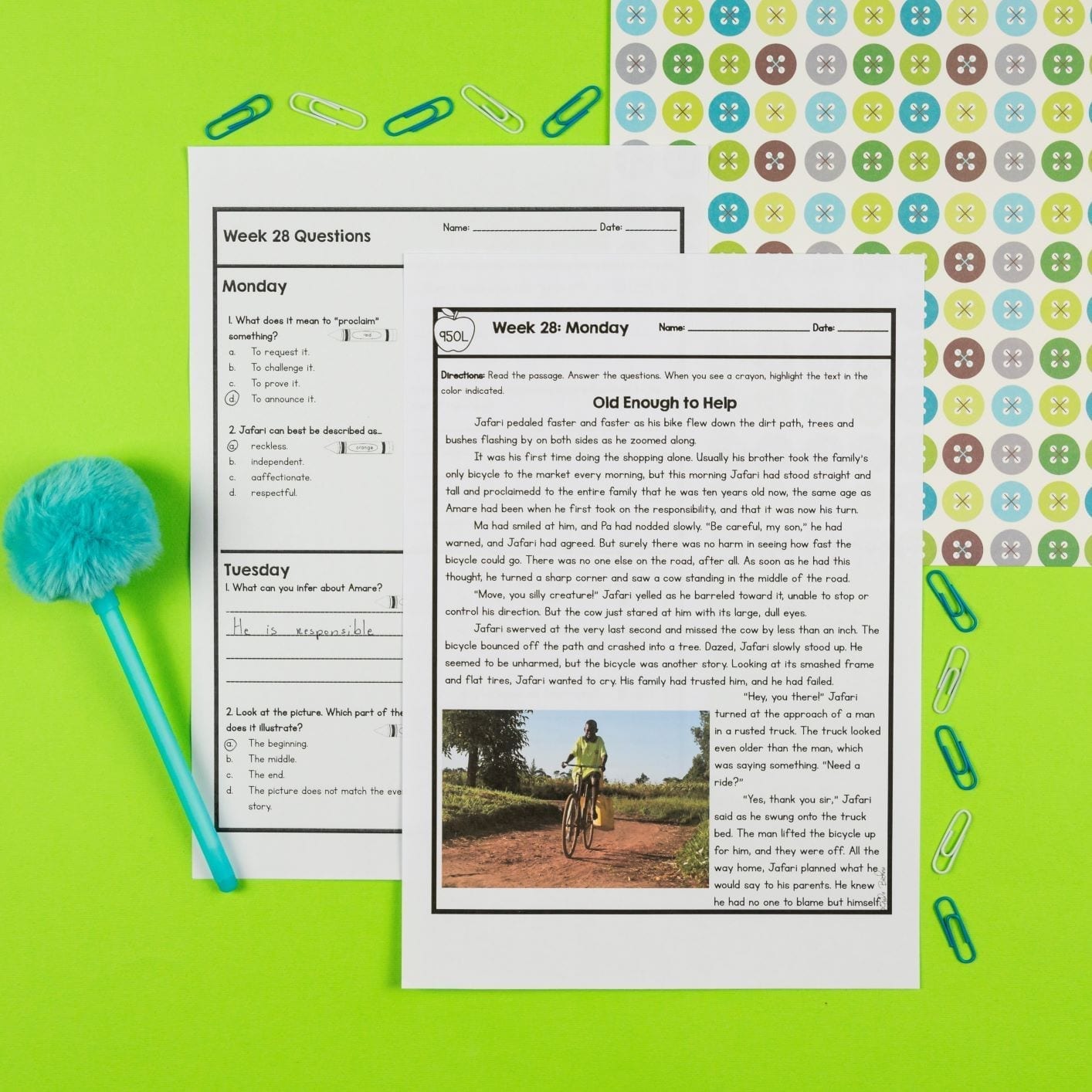 1 passage from 4th grade reading spiral review with a page of corresponding questions