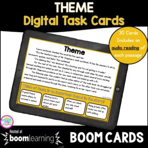 Theme Digital Task Cards for 4th and 5th grade cover showing a boom card on a tablet