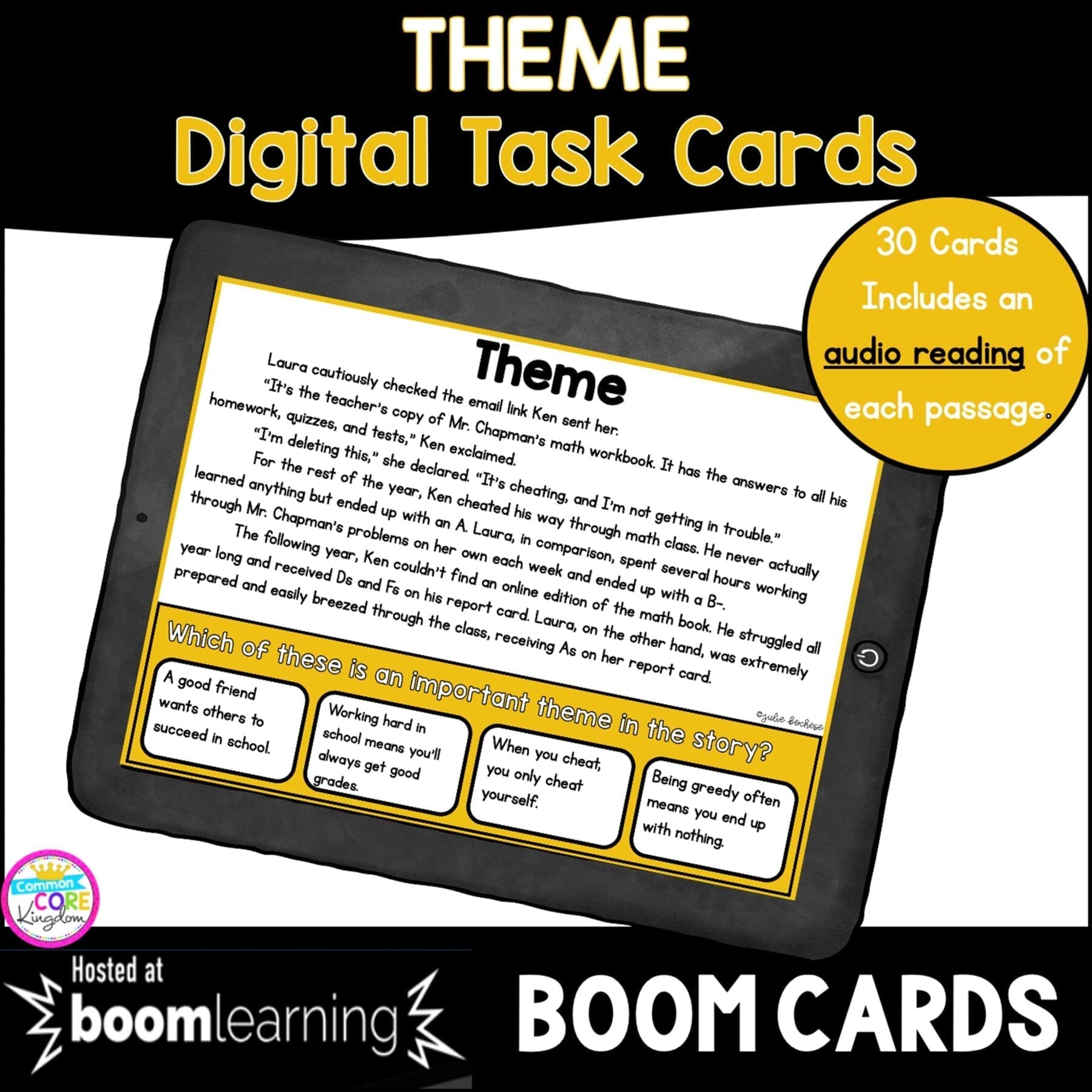 Theme Digital Task Cards for 4th and 5th grade cover showing a boom card on a tablet