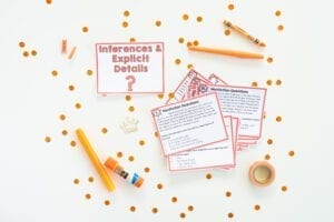 Reading task cards spread out on a table.
