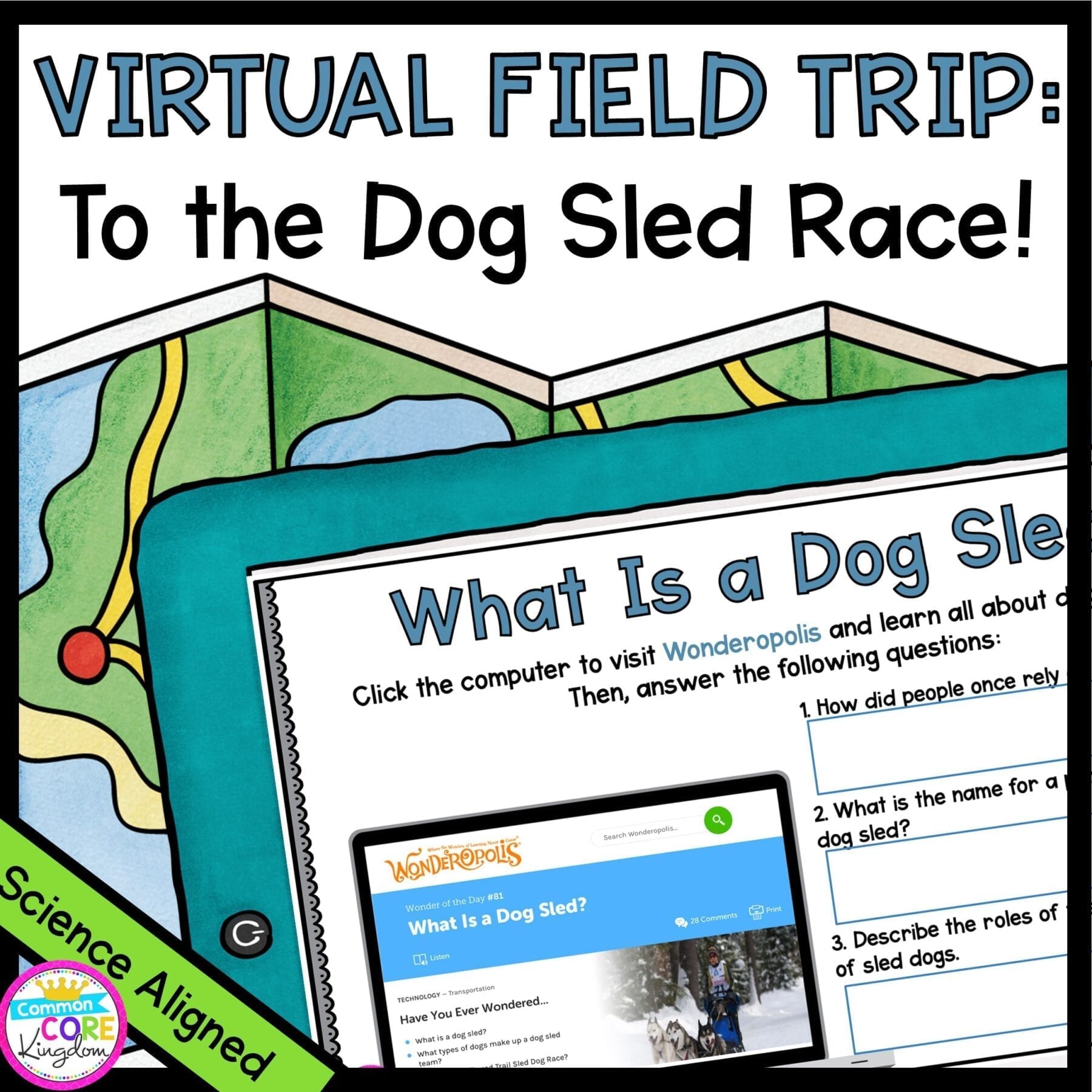 Virtual Field Trip to the dog sled race cover showing a tablet with a digital learning resource for distance learning