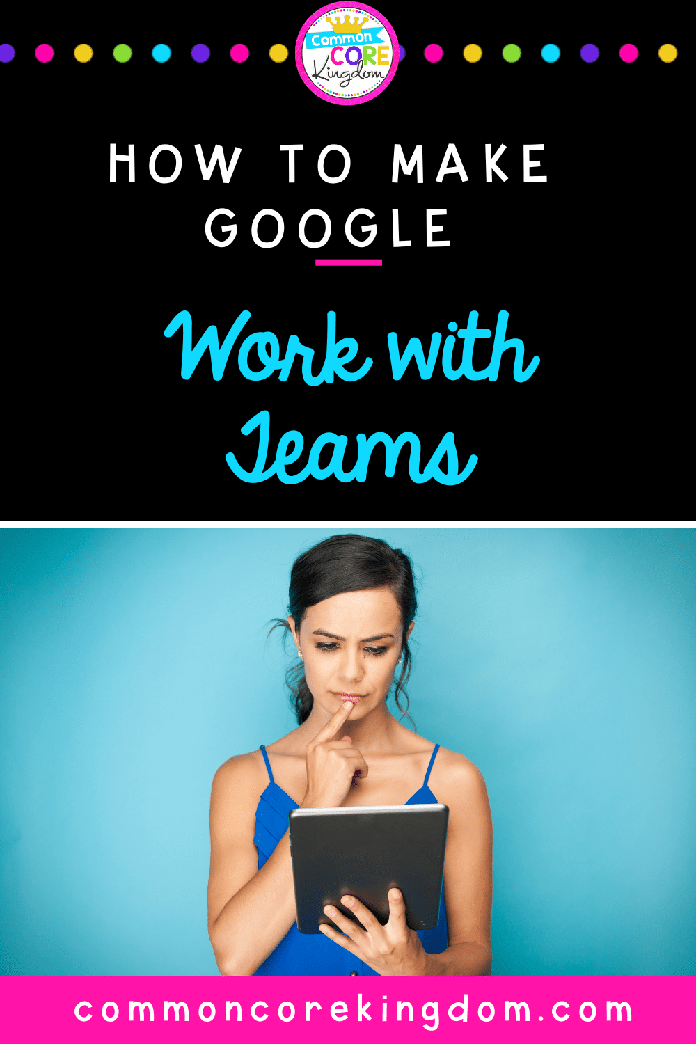 Woman holding tablet with text about converting google slides to microsoft powerpoint and teams