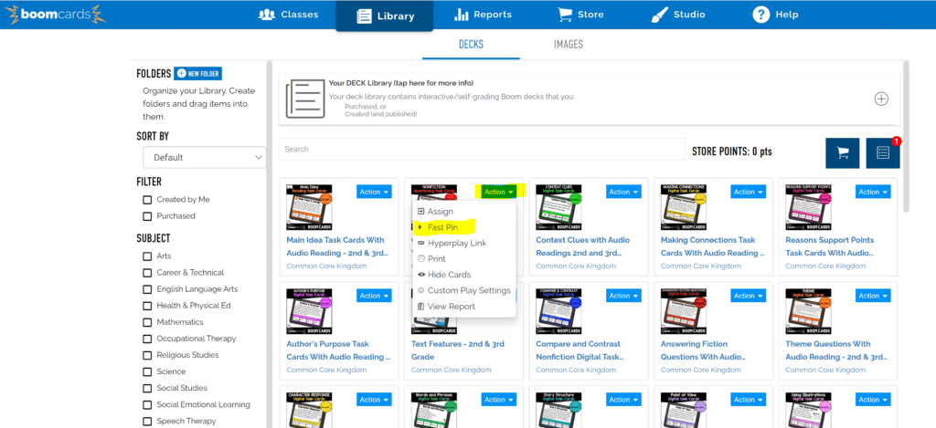 screen shot showing boom learning platform library and how to use the fast play feature in Google Classroom