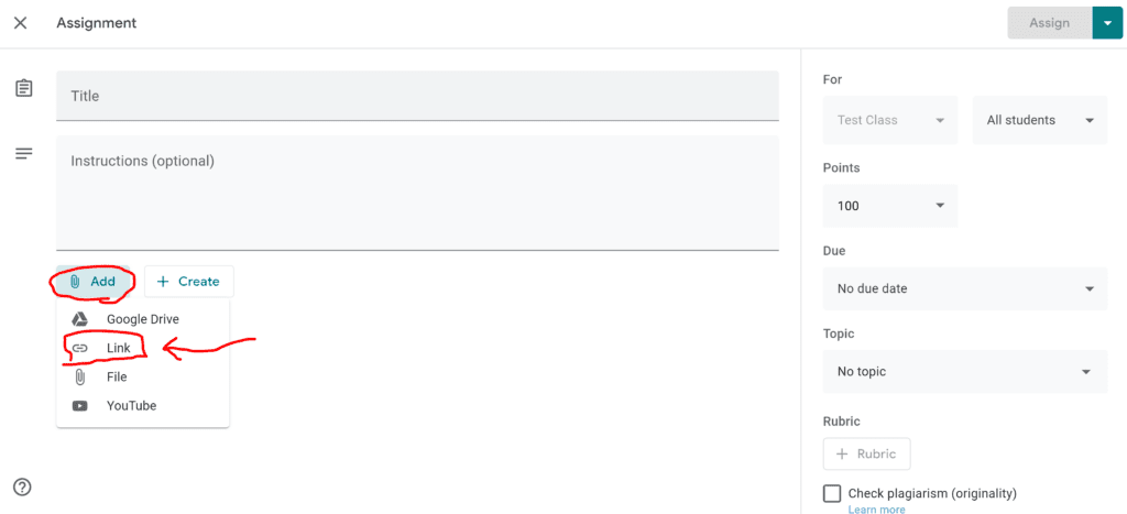 Menu options in Google Classroom