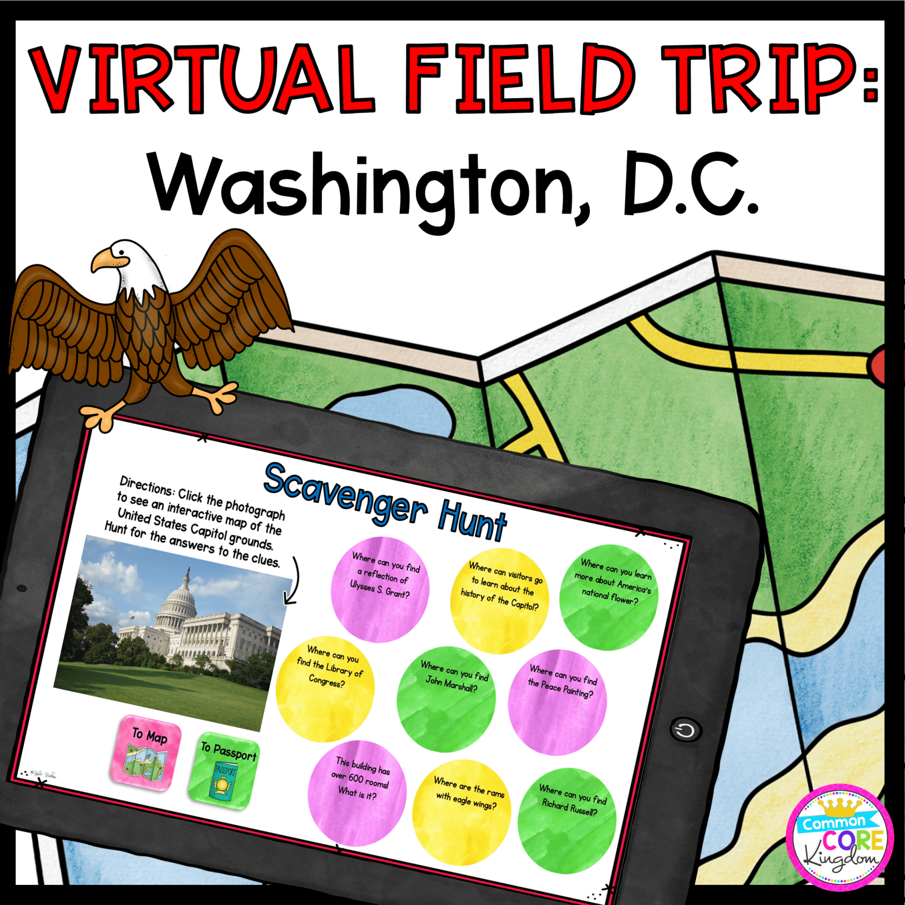 Virtual Washington DC Field Trip cover for 2nd - 5th Grades showing a digital activity