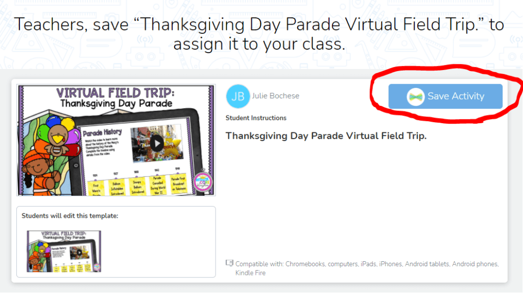 Image showing the save activity feature when assigning tasks in Seesaw
