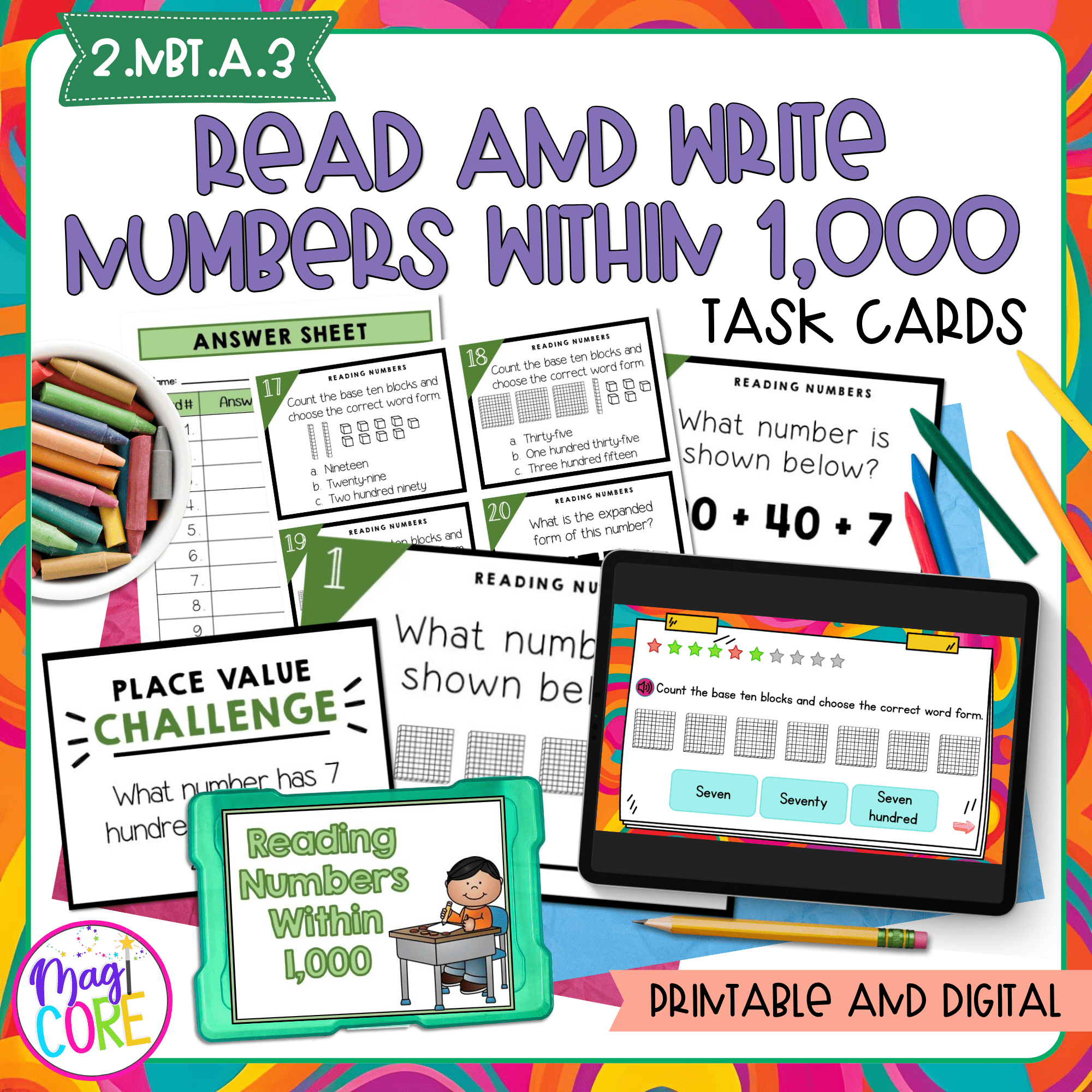 Read and Write Numbers within 1,000 - 2nd Grade Math Task Cards 2.NBT.A.3