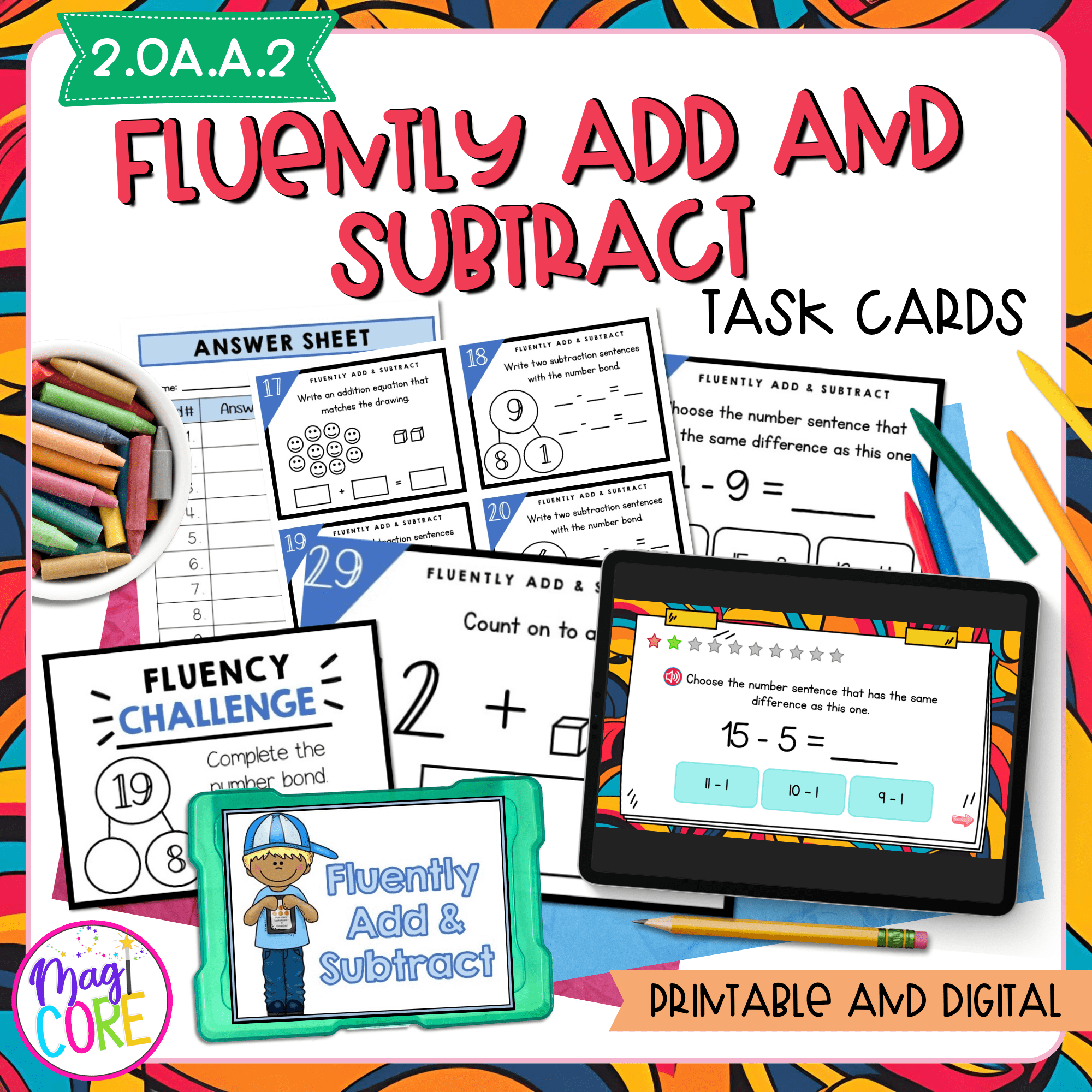 Fluently Add & Subtract to 20 - 2nd Grade Math Task Cards - 2.OA.A.2
