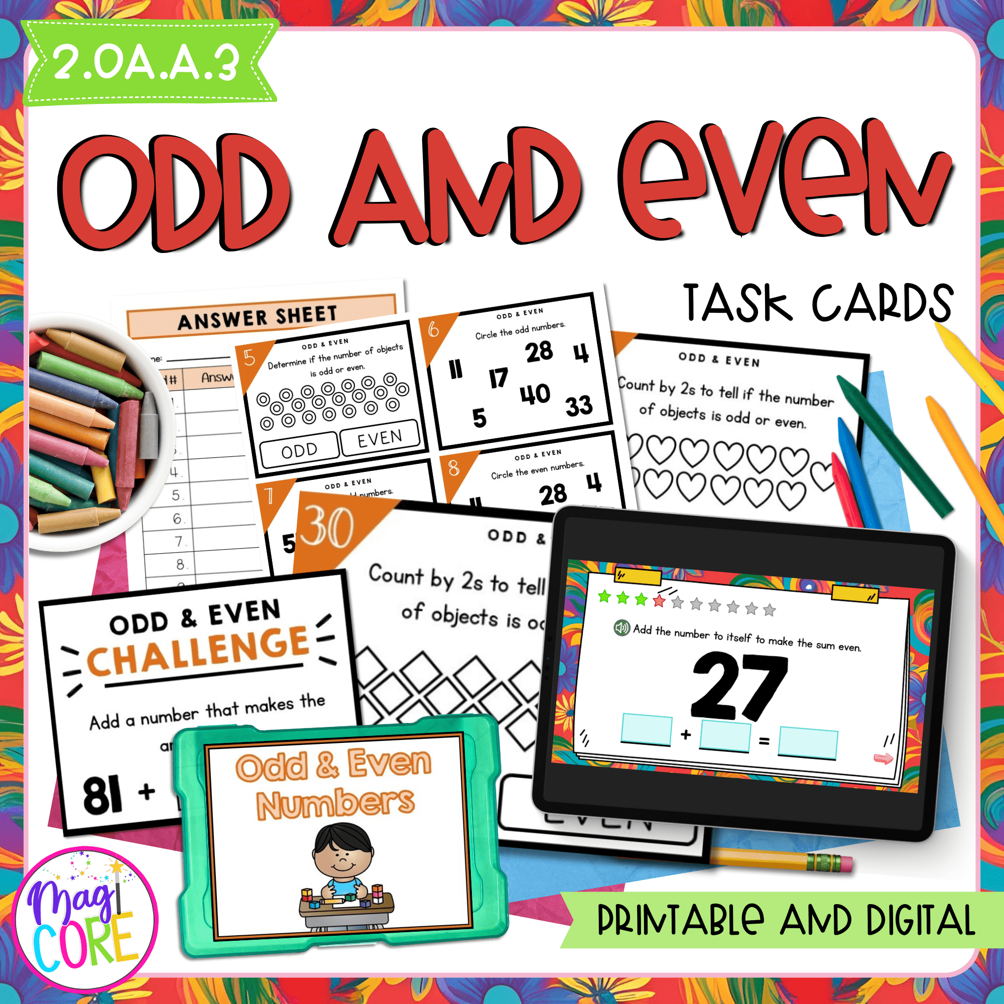 Odd & Even Numbers - 2nd Grade Math Task Cards - Print & Digital - 2.OA.3