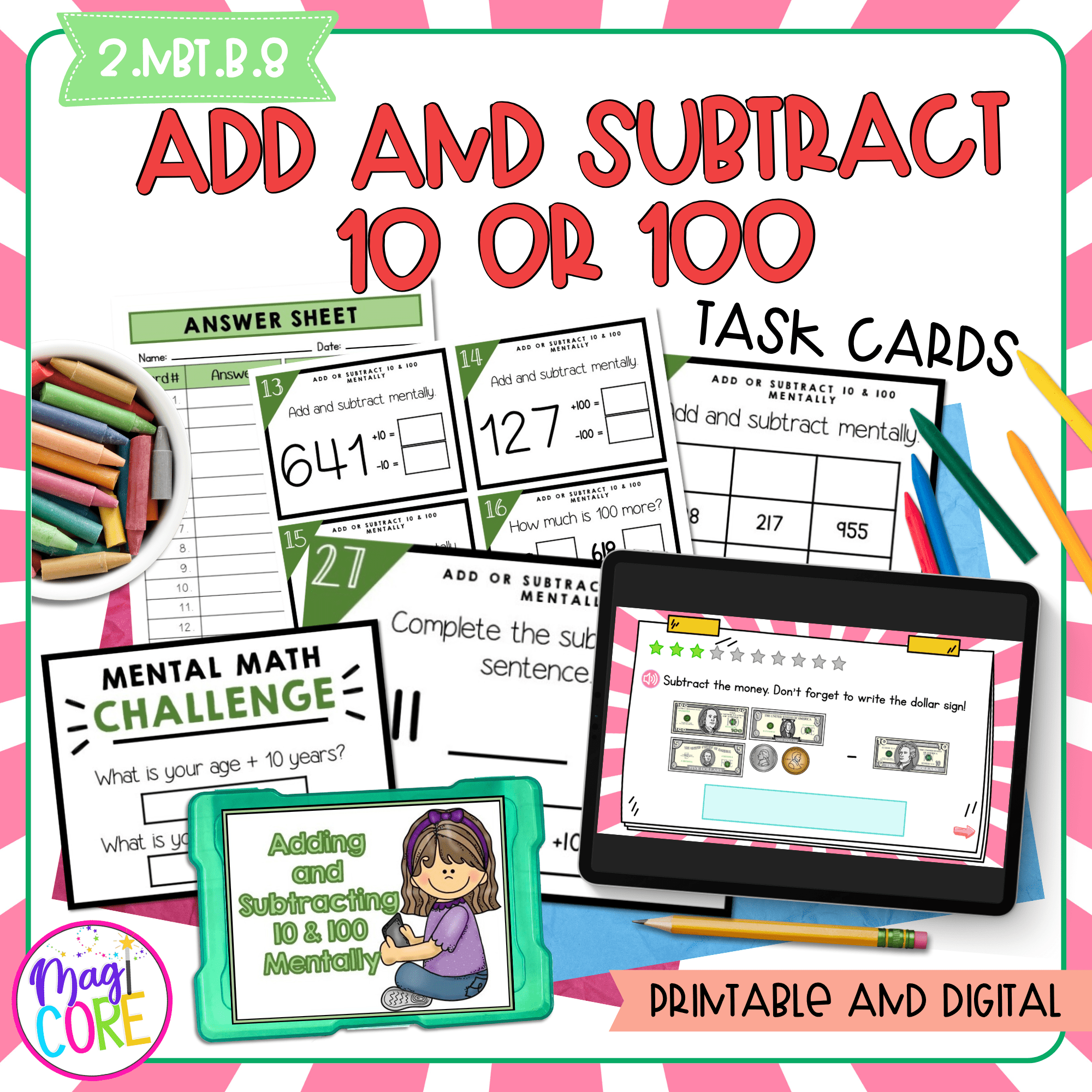 Add & Subtract 10 & 100 - 2nd Grade Math Task Cards - 2.NBT.B.8