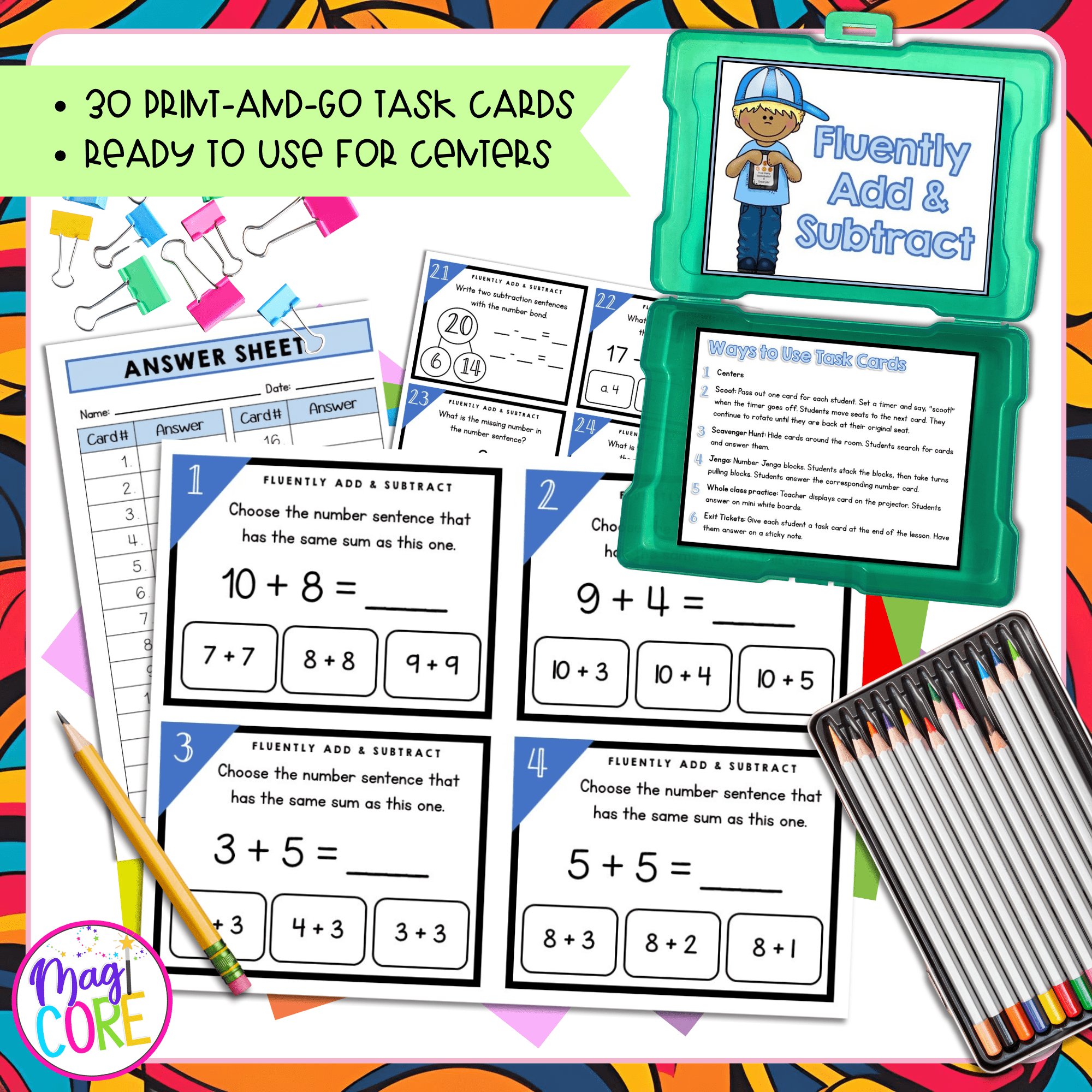 Fluently Add & Subtract to 20 - 2nd Grade Math Task Cards - 2.OA.A.2 - Image 2