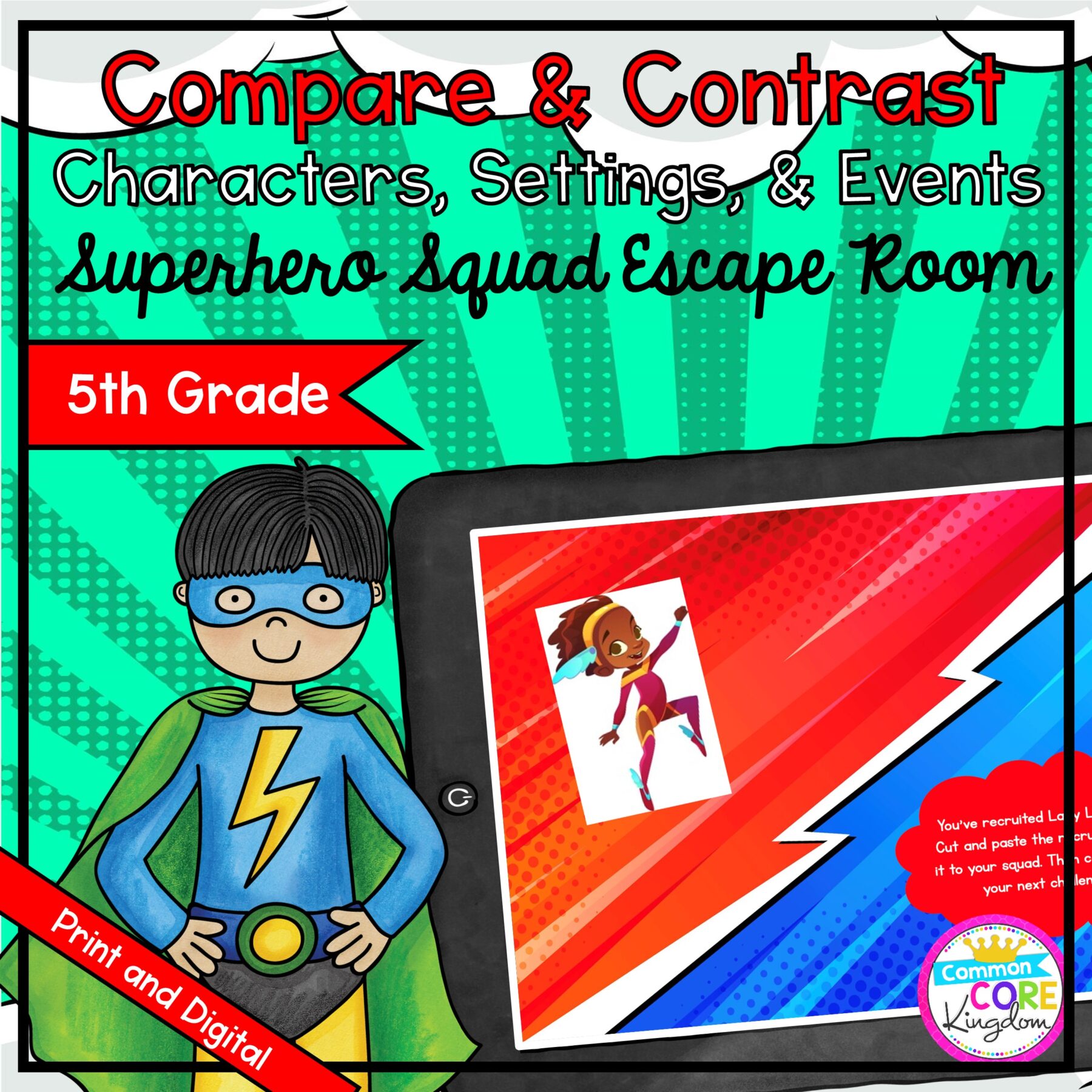 Characters, Settings, & Events Hero Escape Room - Google Slides & Printable 5th