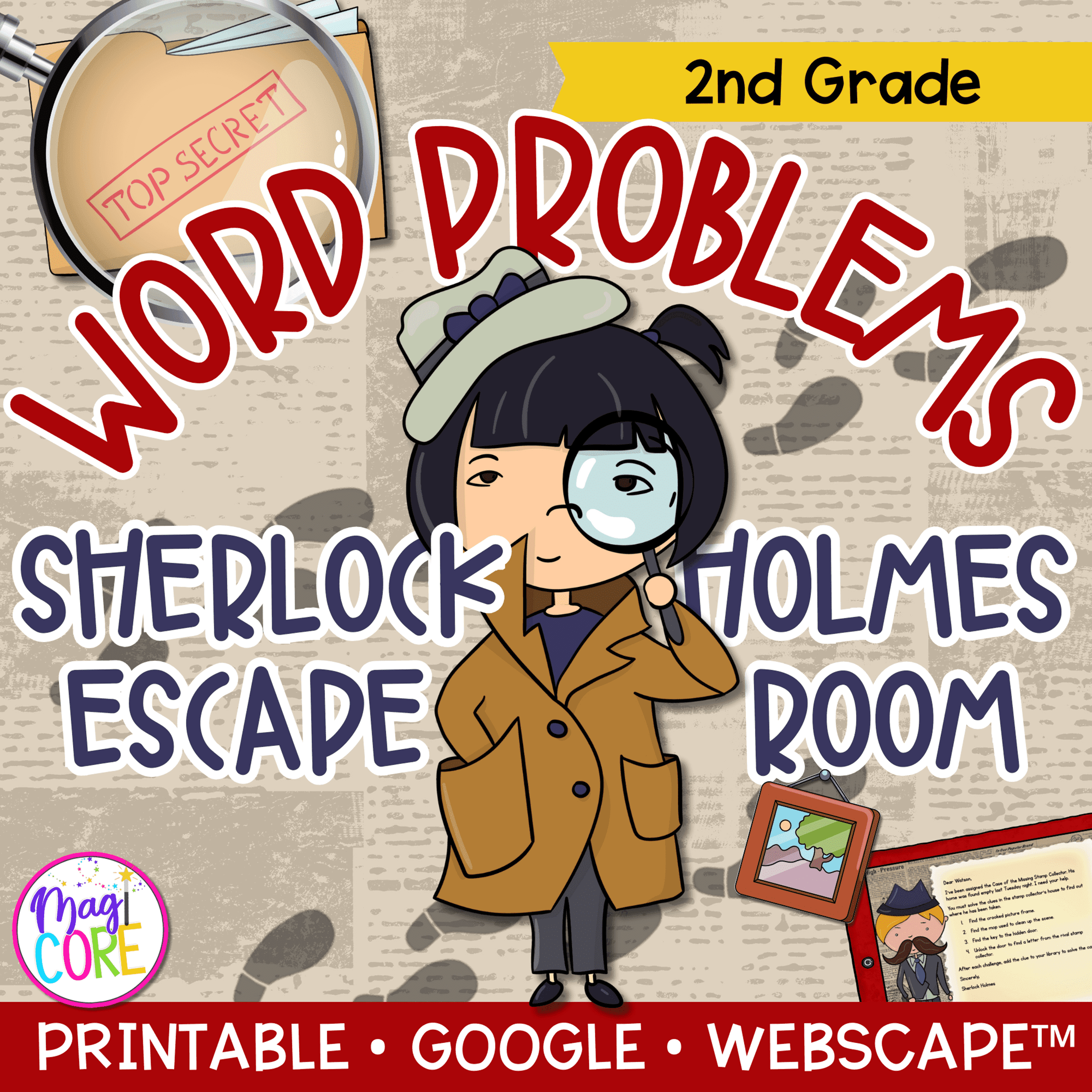 Word Problems Sherlock Holmes Math Escape Room & Webscape™ - 2nd Grade